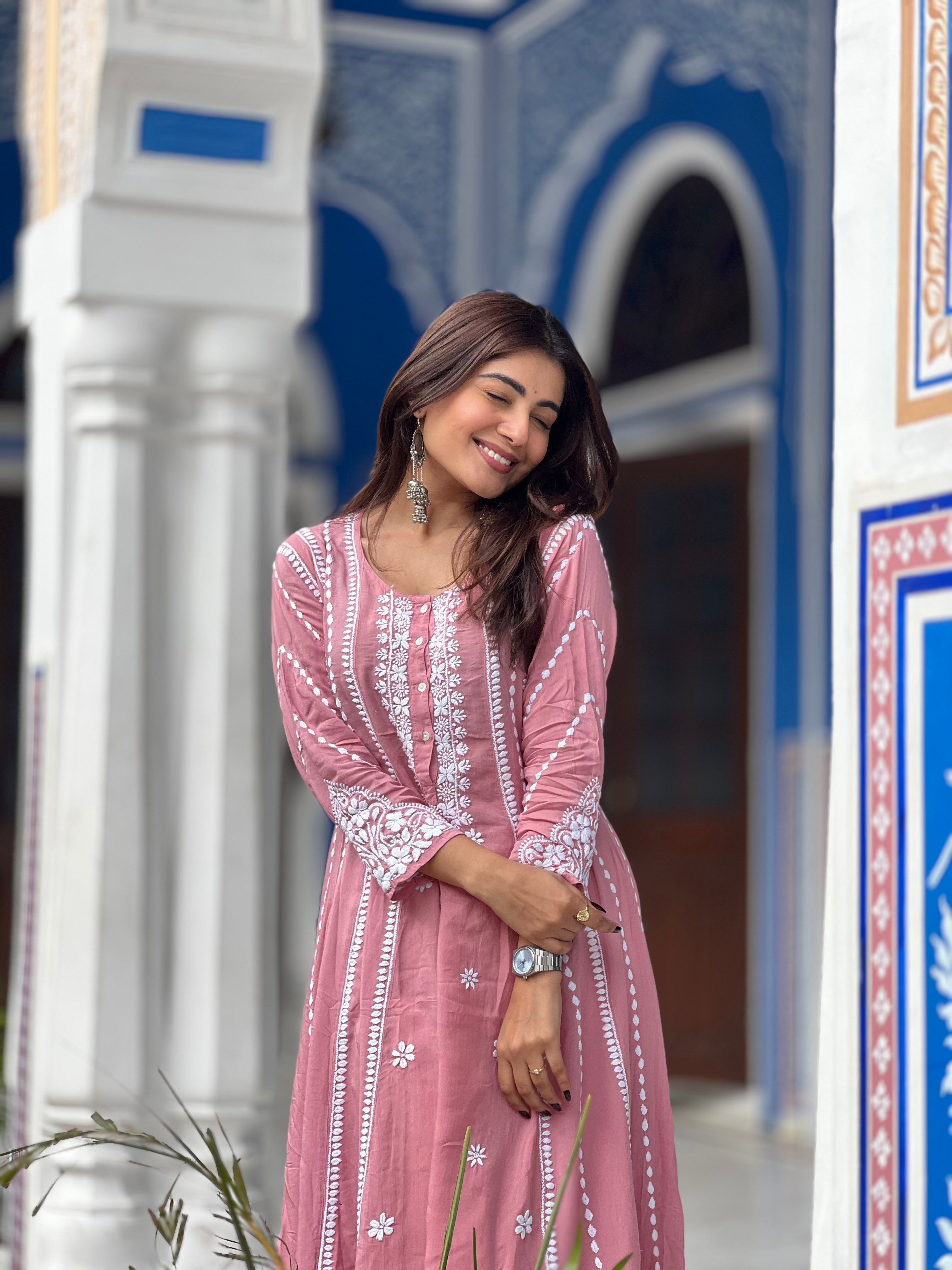 Shivani Pink Modal Chikankari Kurta - Traditional Indian Embroidered Tunic for Women | Perfect for Festivals, Weddings & Casual Wear