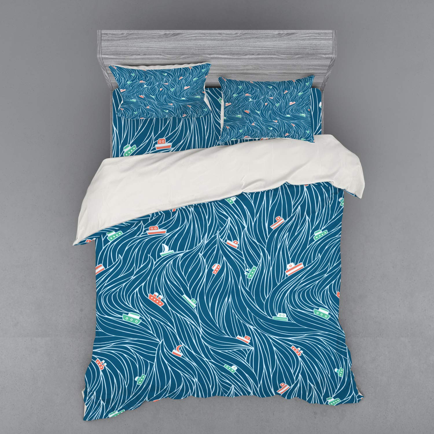 Ambesonne 4-Piece Nautical Duvet Cover Set - Queen Size Waves & Sailboats Design with Shams & Fitted Sheet in Petrol Blue, Salmon & Jade Green | Coastal Themed Bedroom Decor for Beach House, Vacation Home or Kids Room