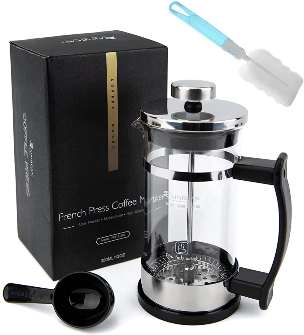 Premium 12 oz Mini French Press Coffee Maker - 350ml Small French Press for Camping, Travel & Home Use - Includes Stainless Steel Spoon & Cleaning Brush - Ideal for Hot & Cold Brew Coffee Lovers