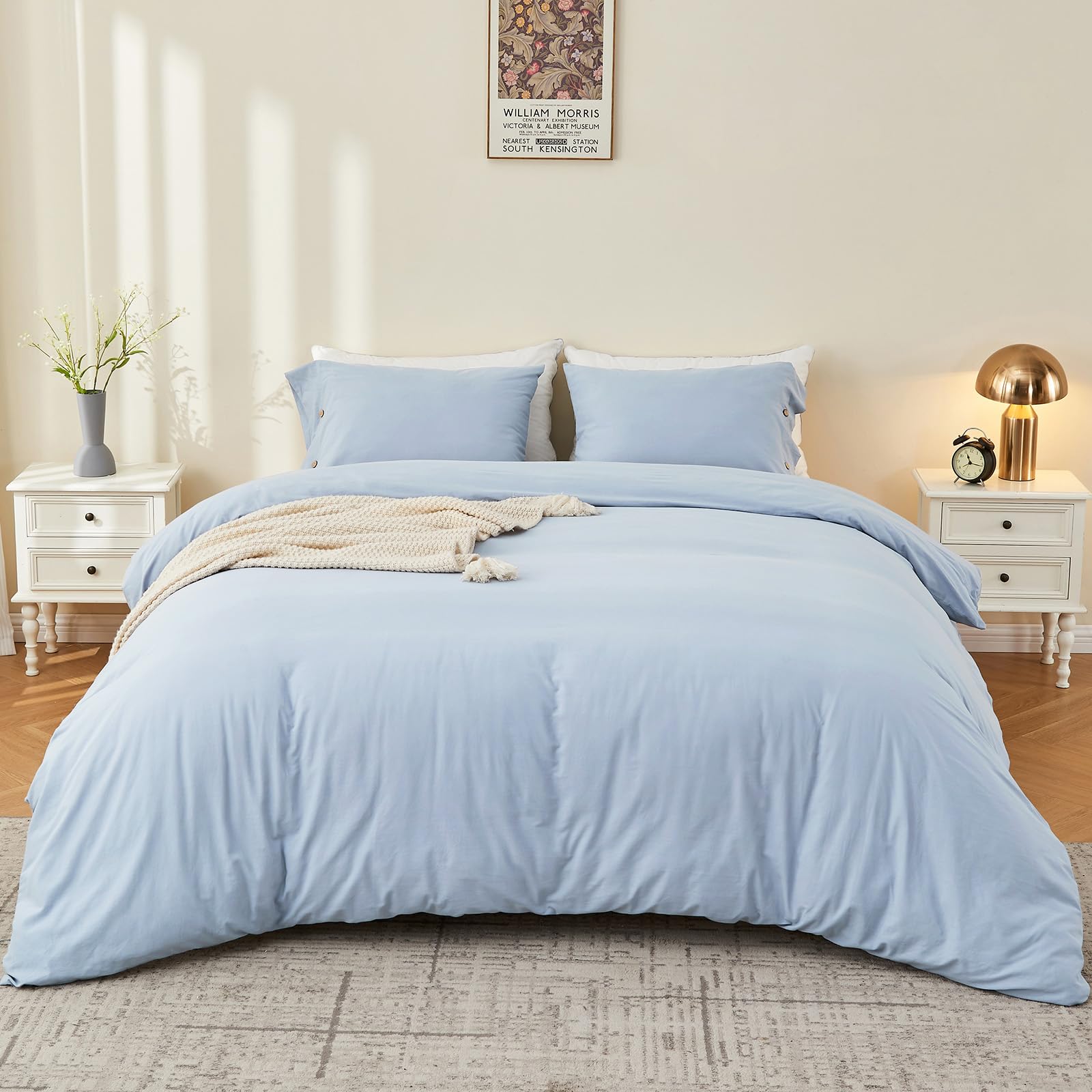 King Size Duvet Cover Set - 3 Piece Washed Cotton Blue Bedding with Zipper Closure | Breathable Linen-Like Texture | Perfect for Master Bedroom & Guest Room Decor