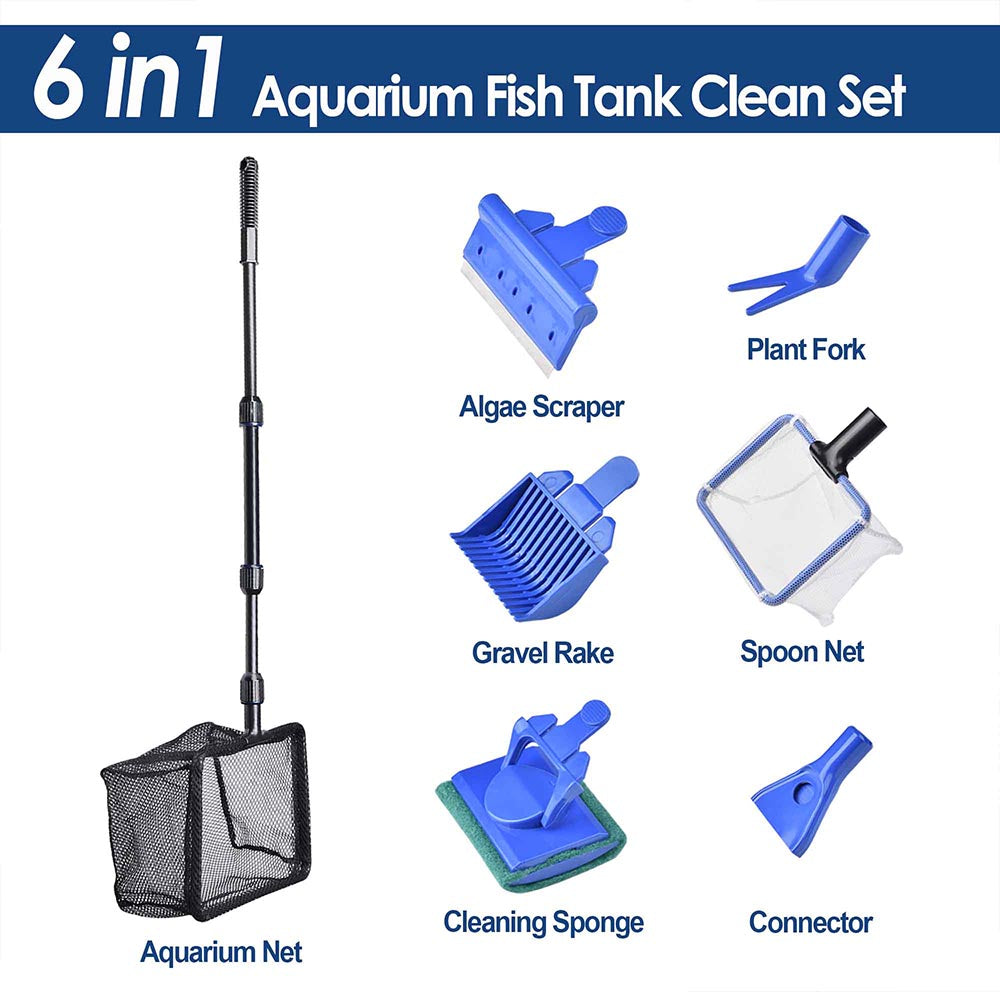 AquaBasik 6-in-1 Fish Tank Cleaning Kit - Aquarium Gravel Cleaner, Water Changer, Algae Scraper & More - Perfect for Freshwater & Saltwater Tanks Maintenance