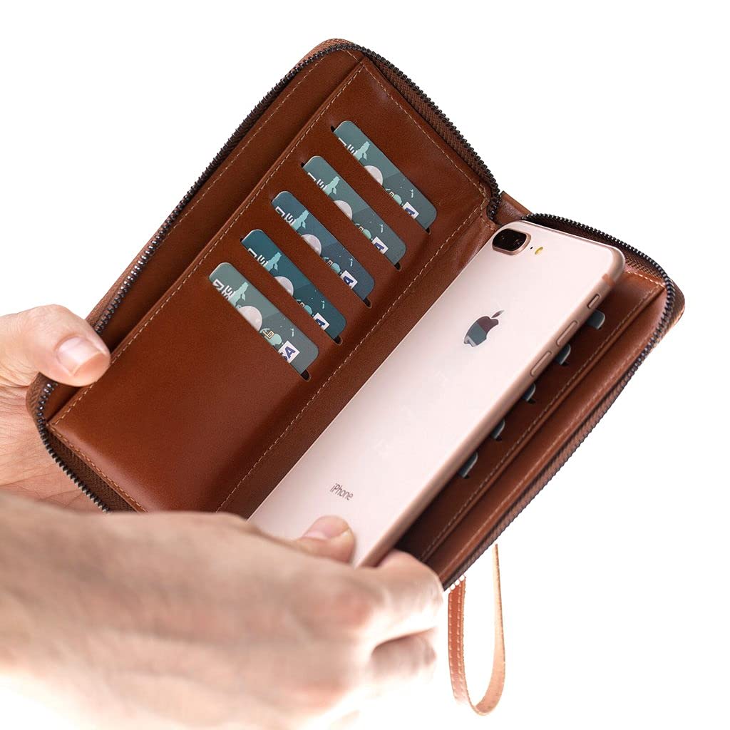 Premium Apple Full Grain Leather Wallet for Men & Women - Handmade RFID Blocking Phone Case with 8 Card Slots - Large Russet Brown Leather Pouch (Perfect for Everyday Carry, Travel & Business Use)
