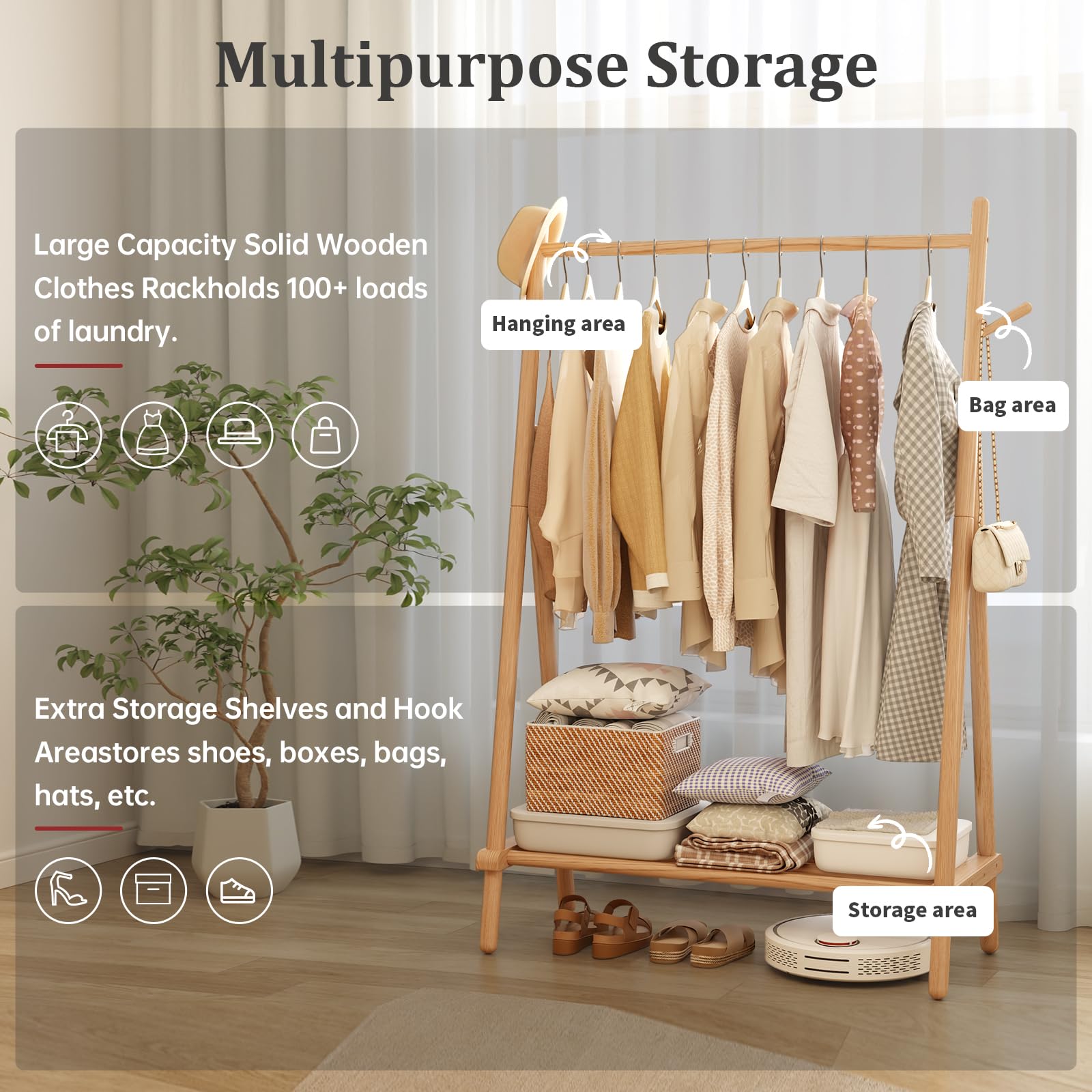 **Solid Wood Clothes Rack with Shelf & Hooks - Sturdy, Portable Garment Rack for Hanging Clothes, Coats, Skirts, Shoes & Bags - Easy to Assemble (Natural) - Perfect for Bedroom, Closet & Laundry Room Organization**