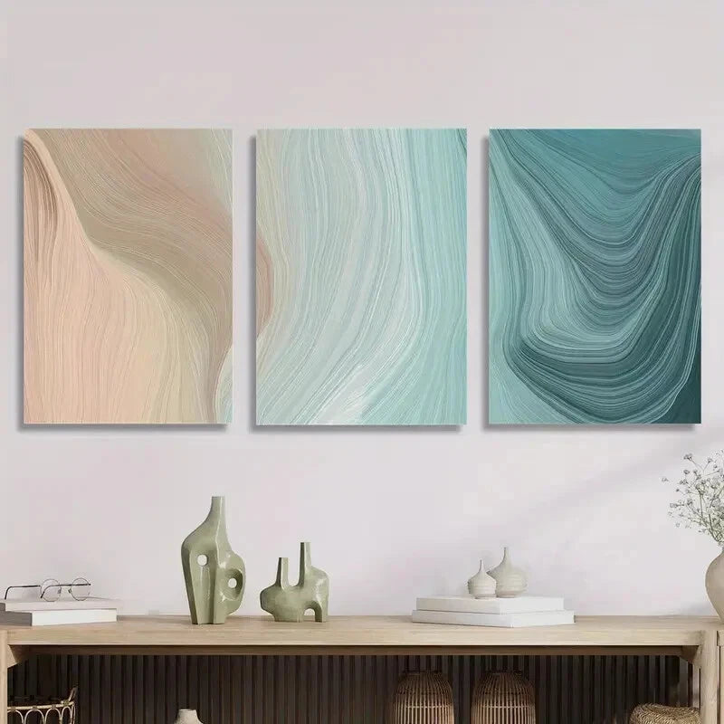 3Pcs Abstract Line Art Metal Prints - Brown & Turquoise Ready to Hang Wall Decor for Living Room, Bedroom & Office
