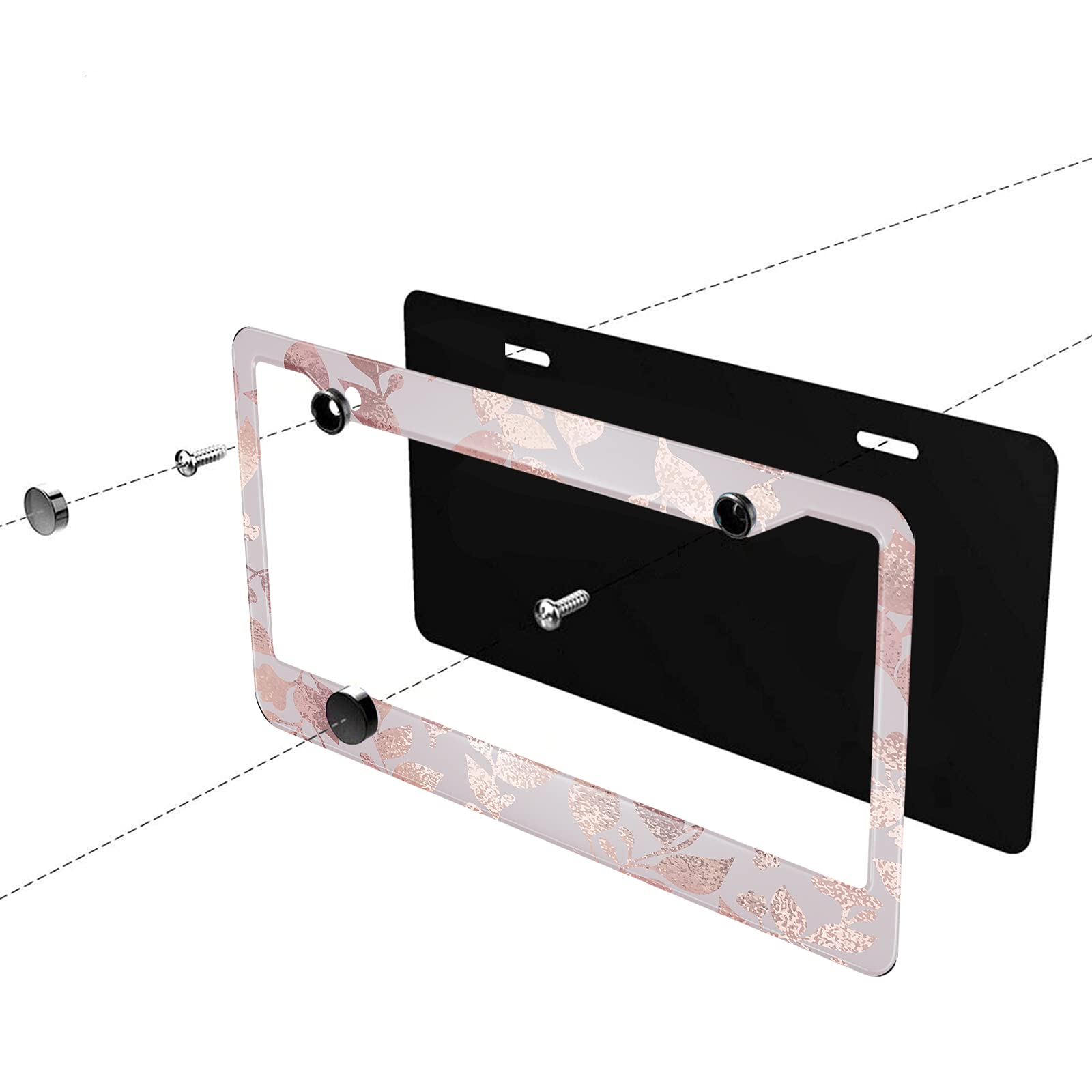 Rose Gold Floral License Plate Frame - Elegant Aluminum Metal License Plate Cover Holder for US Cars & Trucks - Perfect for Women & Men Auto Decoration - Great for Weddings, Gifts & Vehicle Customization