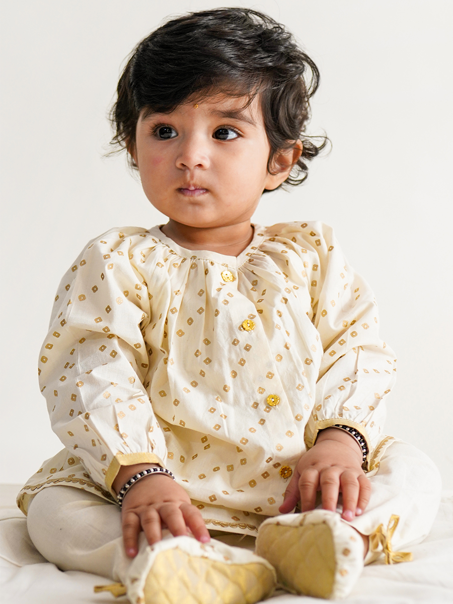 Baby Girl Bandhani Printed Jhabla Set - Cream Color Traditional Indian Ethnic Outfit for Newborns & Toddlers - Perfect for Festivals, Weddings & Family Gatherings