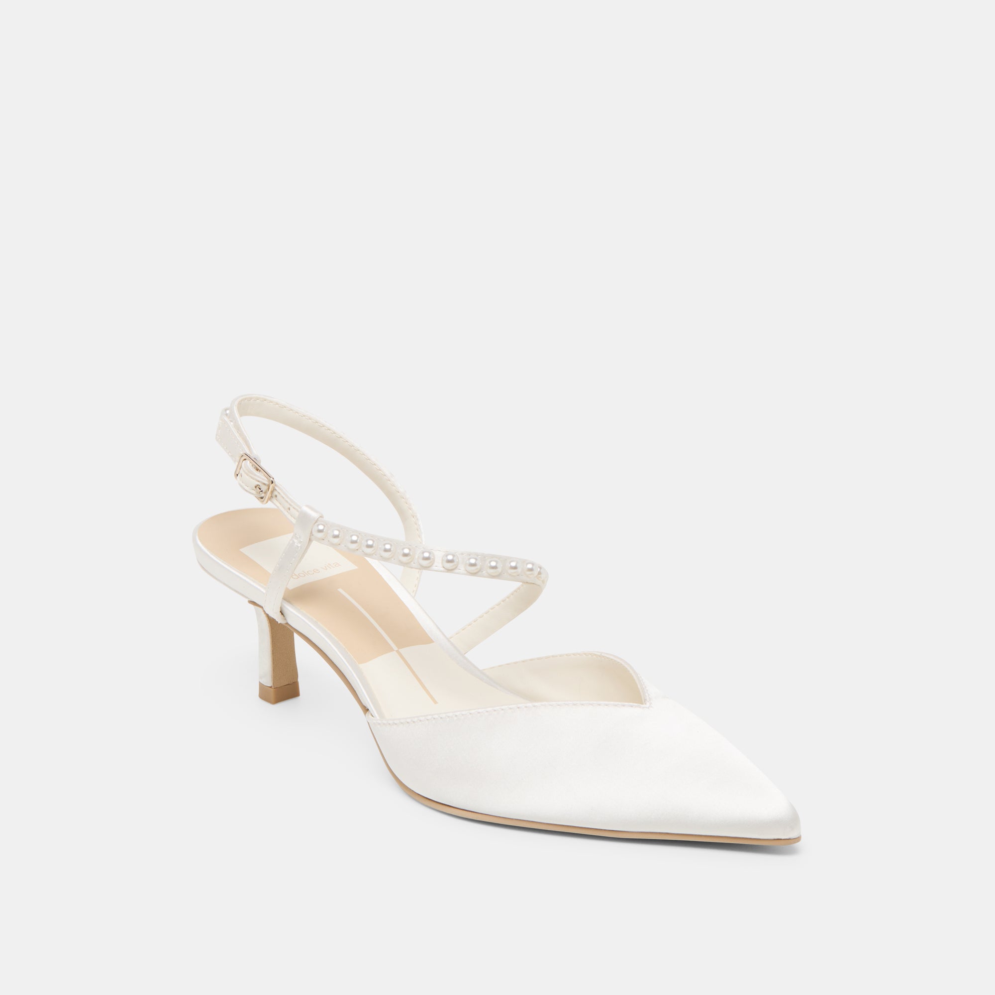 KAMRA Women's Pearl Embellished Mid Heel Pumps - True White Satin Shoes for Weddings, Parties & Special Occasions