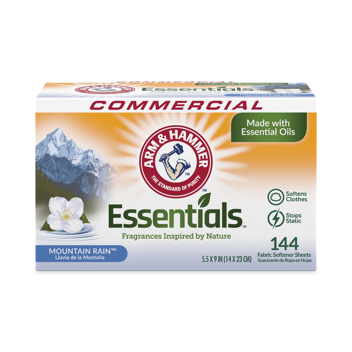 Arm & Hammer™ Essentials Dryer Sheets, Mountain Rain Scent, 144 Sheets per Box (6 Boxes) - Soften Clothes & Reduce Static for Laundry Day | Fresh Scent for Bedding, Towels & Clothing