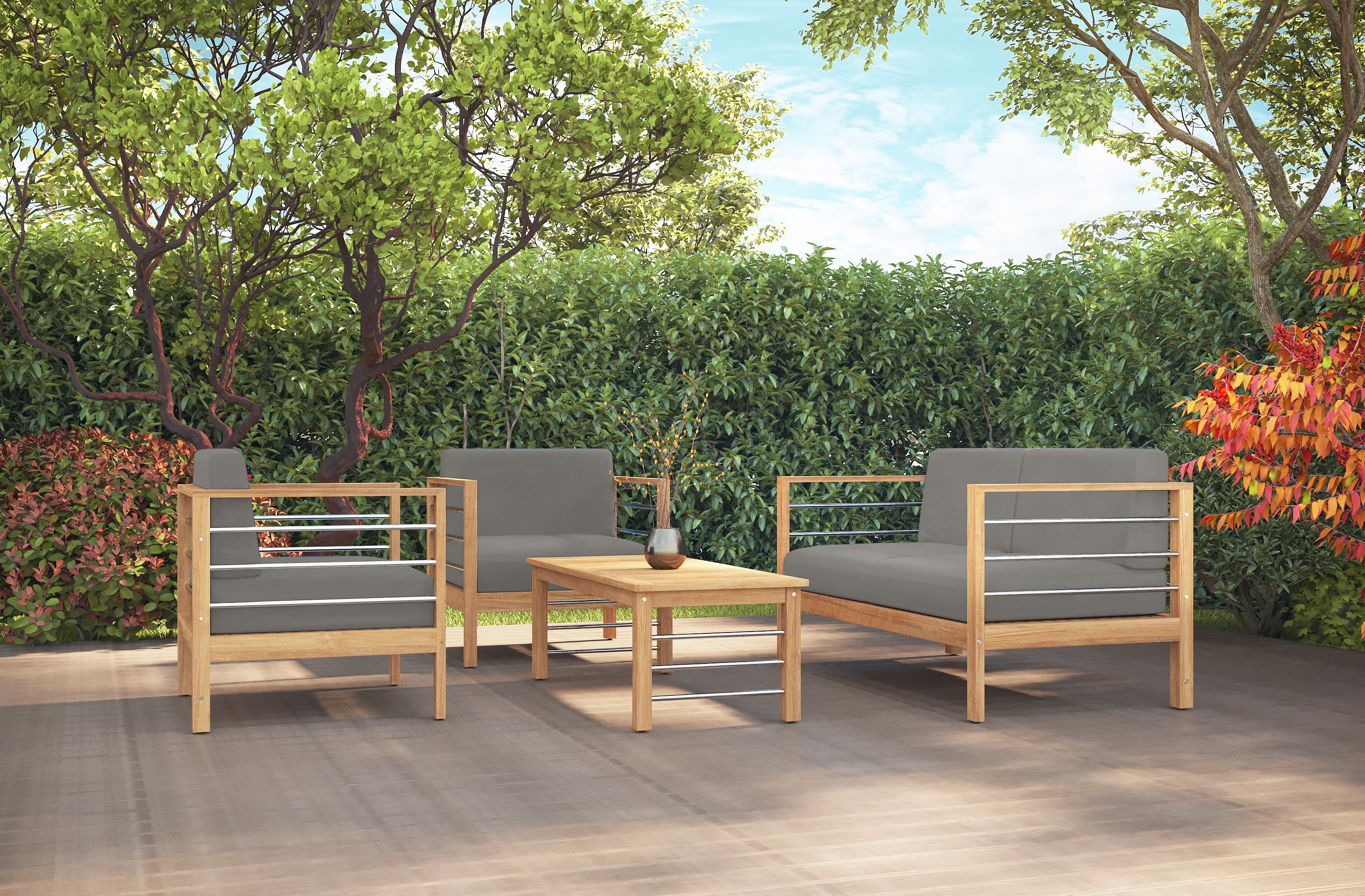 Leon 4-Piece Teak Outdoor Patio Deep Seating Set with Sunbrella Charcoal Cushions - Durable Garden Furniture for Backyard, Poolside & Patio Relaxation