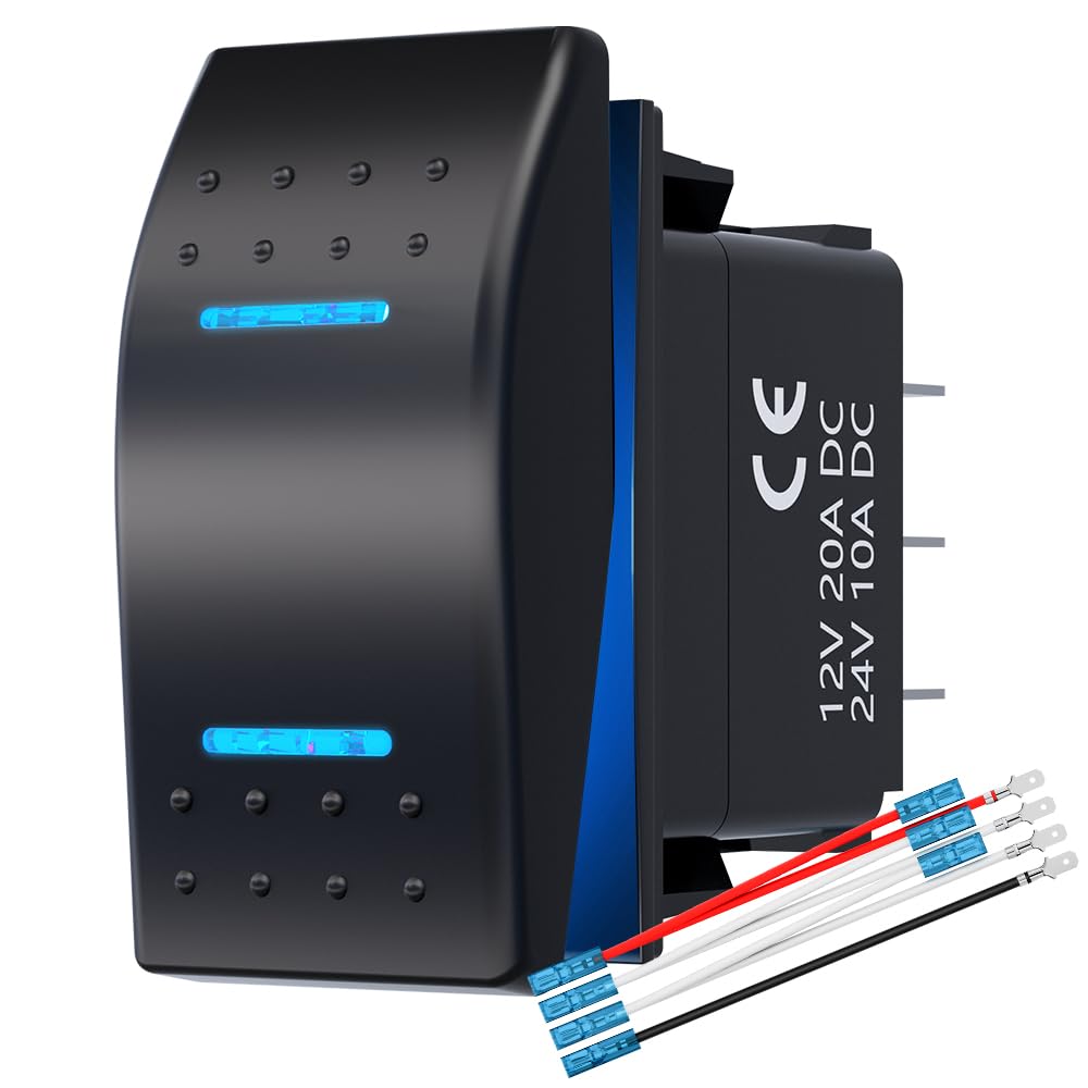 3 Position Rocker Switch, ON/Off/ON 12V 20A 24V10A Waterproof DPDT 7Pin Blue LED Light Switch with Jumper Wire for Cars, Trucks, RV, Boat, ATV, UTV - Perfect for Marine, Off-Road & Automotive Electrical Systems