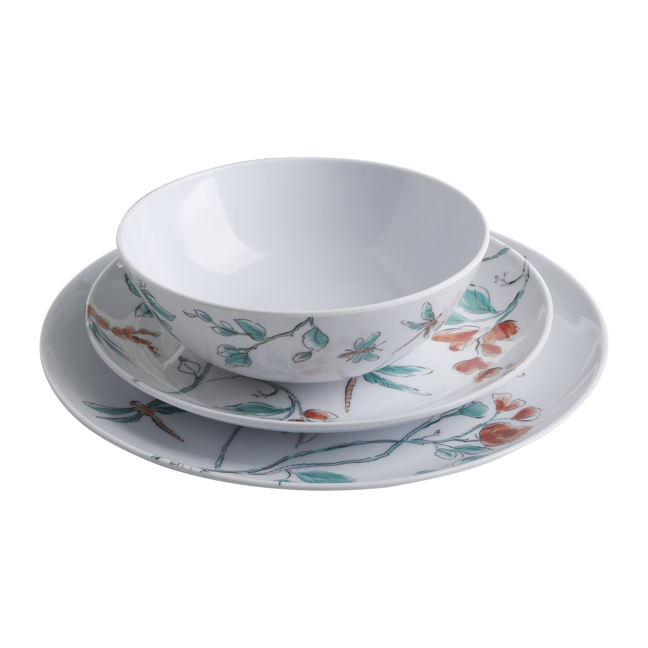Martha Stewart Dragonfly Melamine Dinnerware Set - White, 12-Piece Service for 4, Shatterproof Outdoor & Indoor Dining Plates, Bowls, Cups - Perfect for Patio, Picnic, Pool Party, and Everyday Use