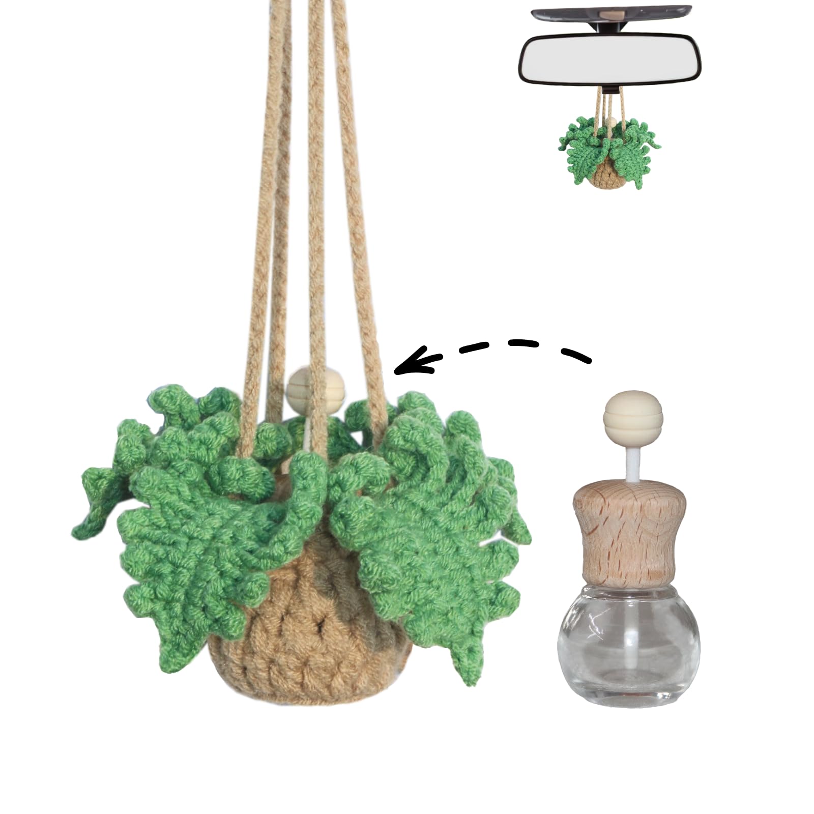 Handmade Crochet Car Air Freshener - Bendable Fern Plant with 8ml Refillable Essential Oil Diffuser | Car Rearview Mirror Hanging Decor, Home & Office Aromatherapy | Perfect for Gifts, Vehicle Accessories, and Relaxation Spaces
