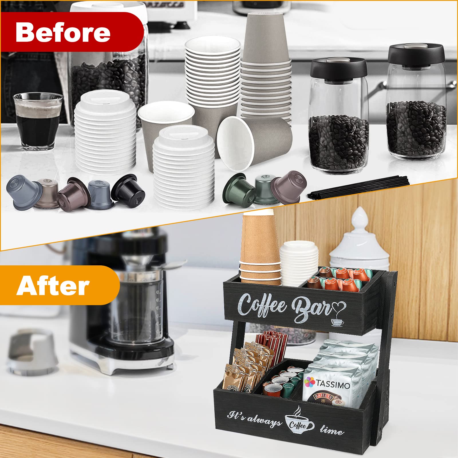 2-Tier Coffee Bar Organizer - Countertop Storage Shelf for Coffee Station & Kitchen Essentials | Black Coffee Bar Decor | Perfect Gift for Coffee Lovers | Ideal for Home, Office & Cafe Use