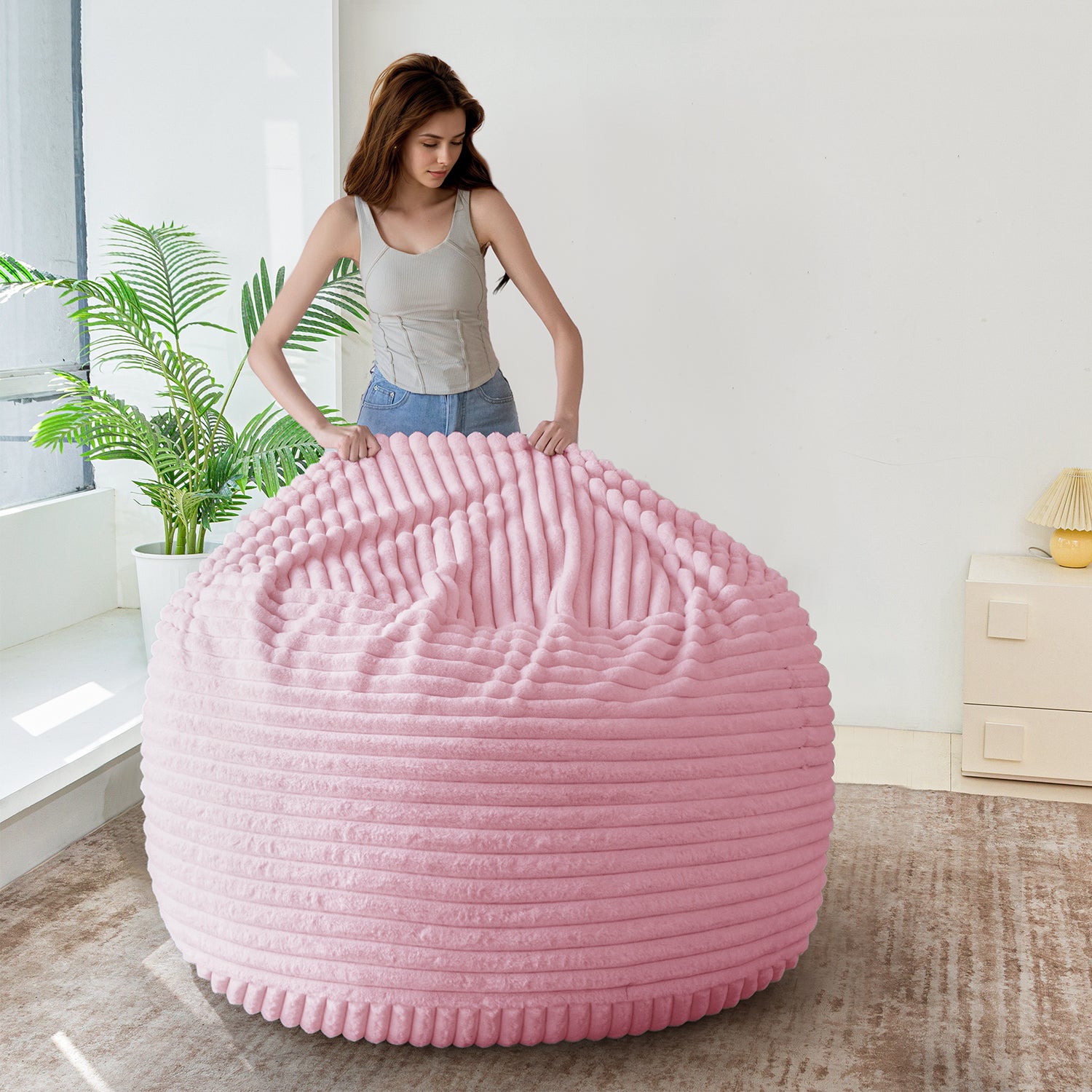 MAXYOYO Giant Bean Bag Chair Bed - Striped Faux Fur Convertible Beanbag in Pink | Oversized Lounger for Living Room, Bedroom & Game Room | Perfect for Relaxing, Reading & Movie Nights