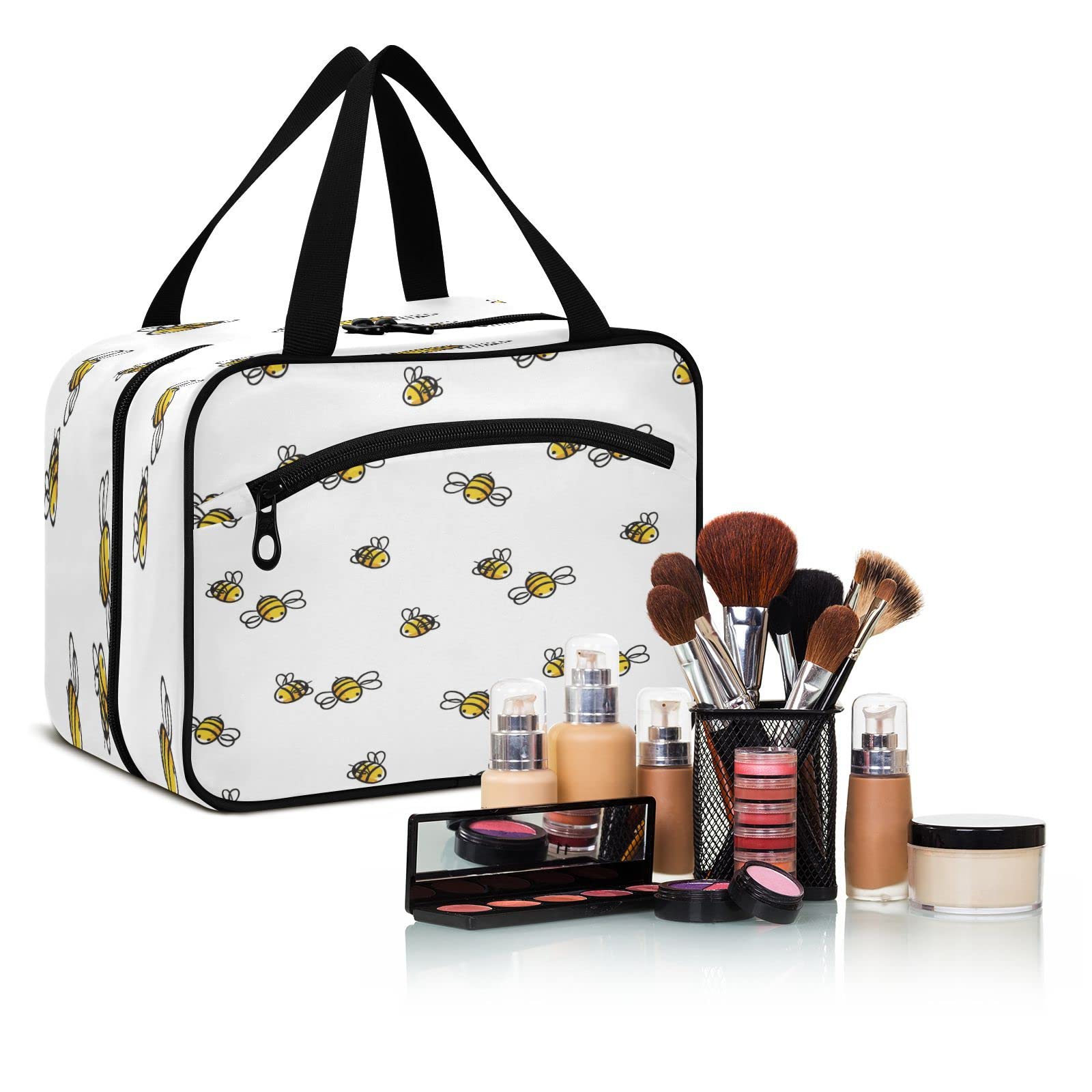 Portable Hanging Toiletry Bag - Large Waterproof Cosmetic Organizer for Women & Girls | Cute Honey Bee Design | Perfect for Travel, Gym, Camping & Daily Makeup Storage