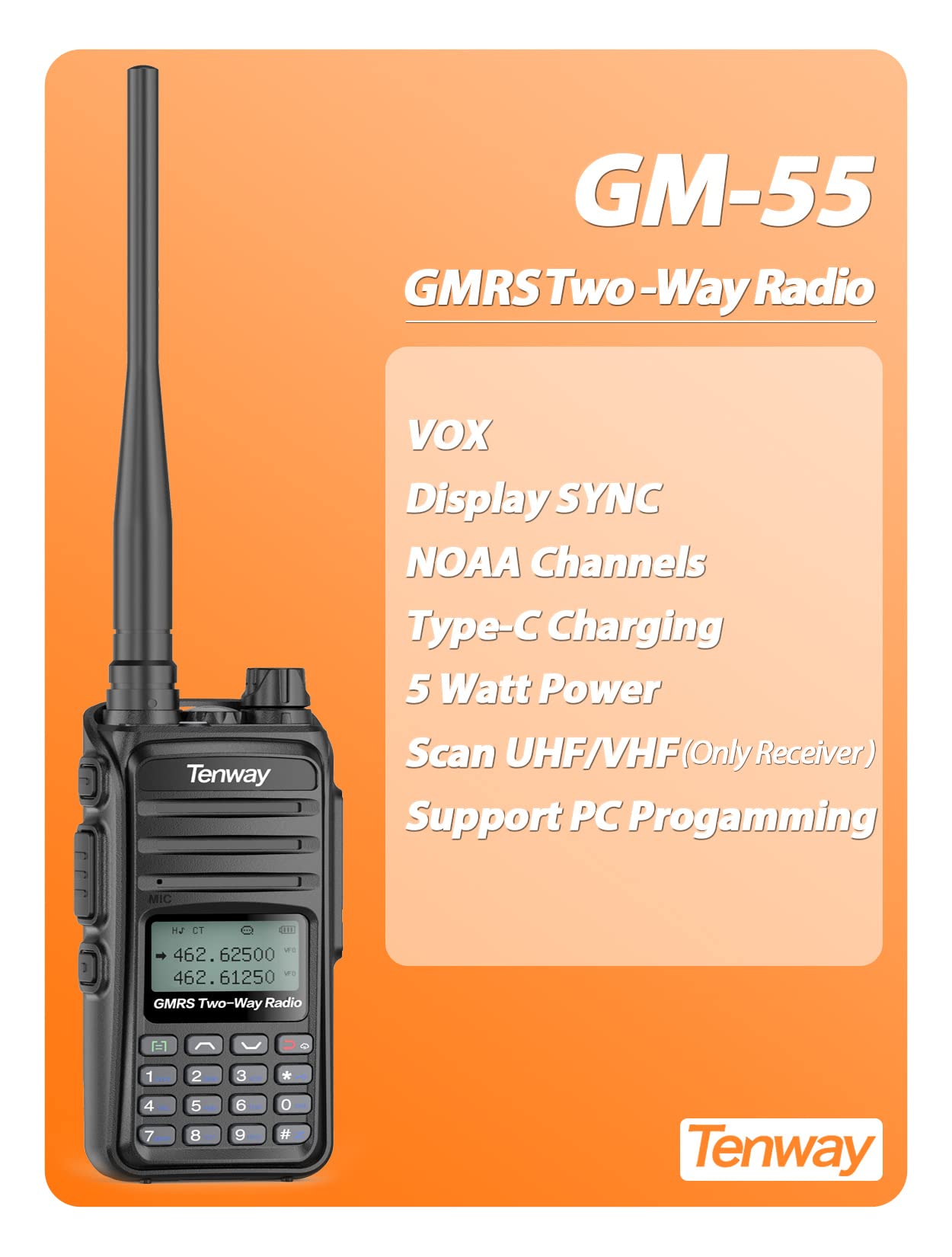 GM-55 GMRS Handheld Two-Way Radio with Long Range & Repeater Capability | USB Type-C Rechargeable | NOAA Weather Alerts | Ideal for Camping, Hiking, Skiing & Off-Road Adventures | Emergency Communication & Outdoor Activities