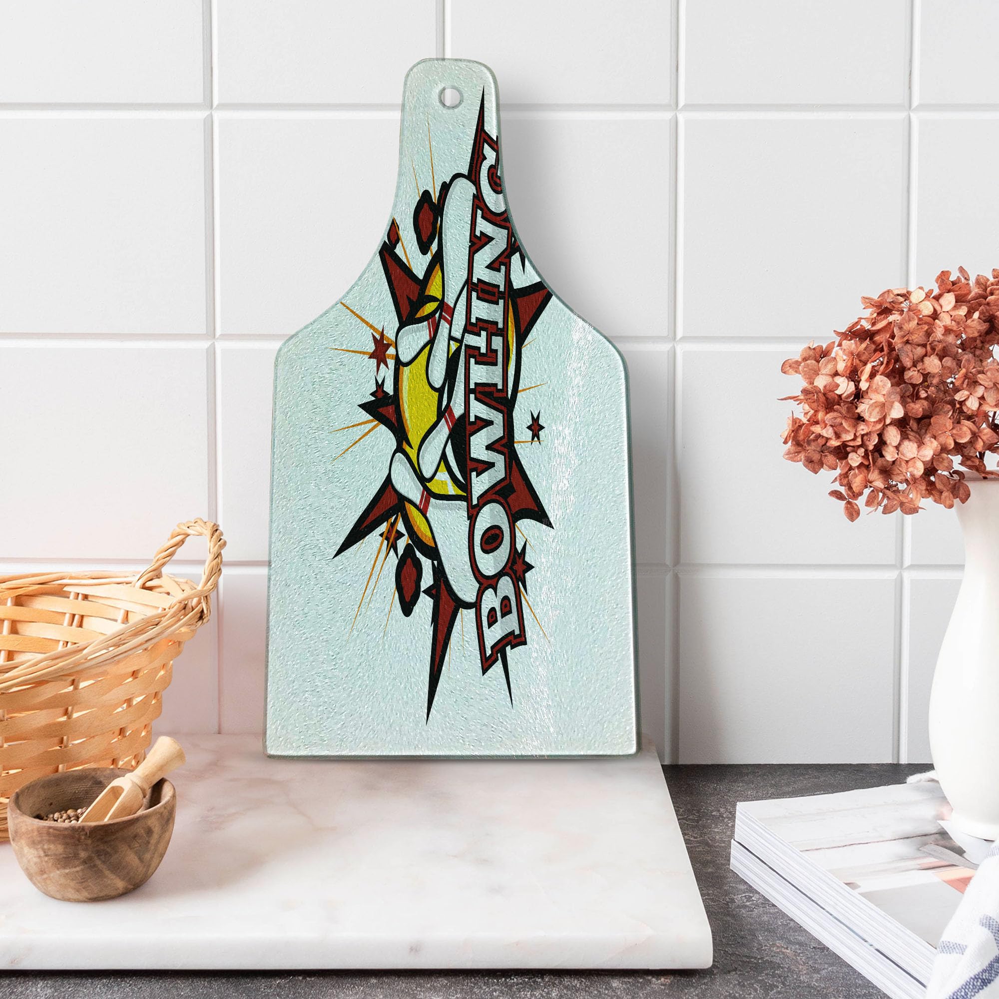 Ambesonne Bowling Party Themed Cartoon Comic Book Style Cutting Board - Retro Stars & Crash Effects Design - Tempered Glass Serving Board for Cheese, Charcuterie & Wine - Wine Bottle Shape in Ruby, White & Yellow - Perfect for Bowling Parties, Game Nights & Entertaining Guests