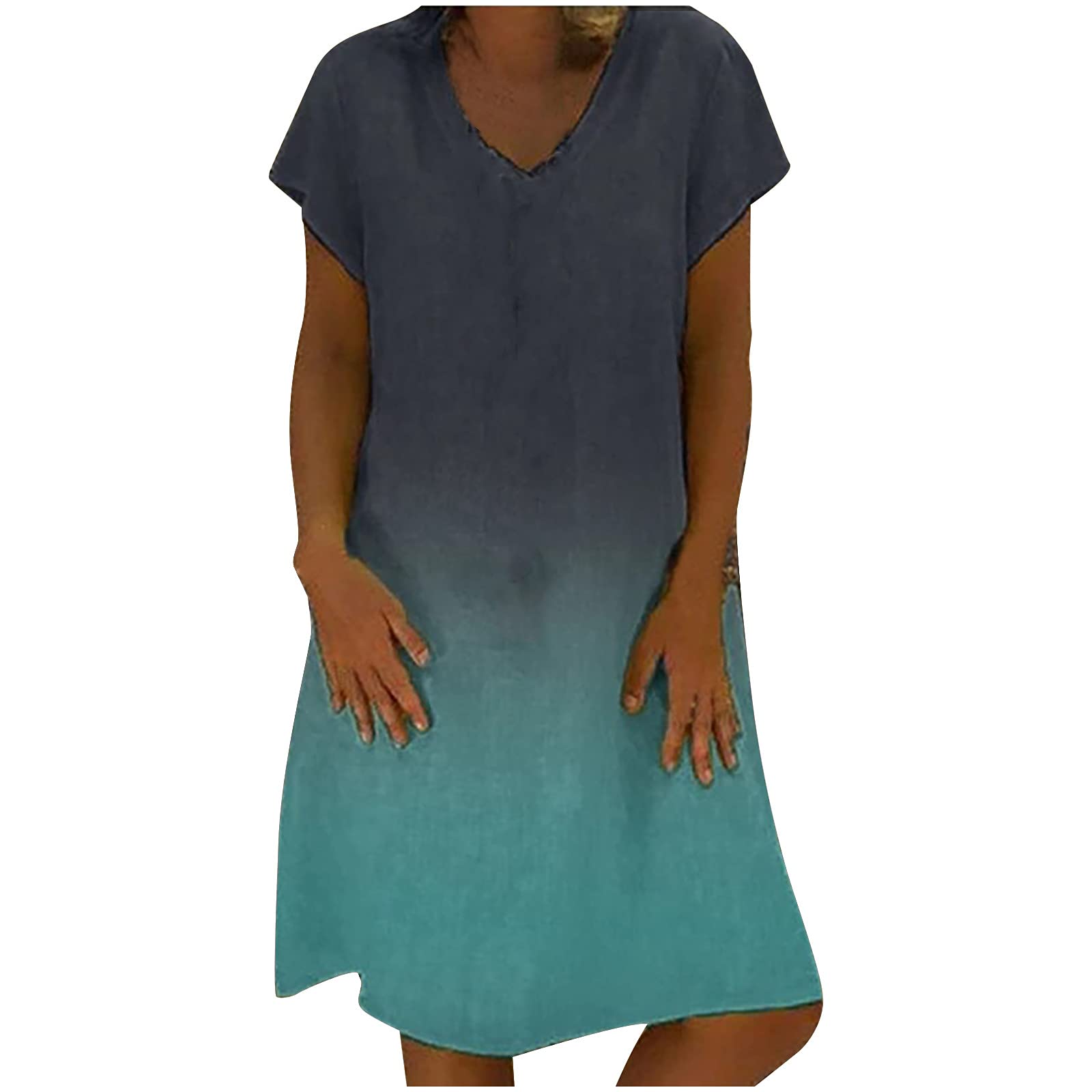 Howley Women's V-Neck Short Sleeve Gradient Tunic Dress - Casual Knee-Length Summer Sundress for Beach, Vacation & Everyday Wear