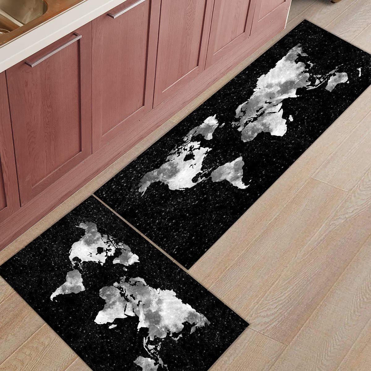 Anti-Fatigue Non-Slip Kitchen Floor Mats Set - 2-Pack Waterproof Cushioned Standing Mats & Runner Rug (19.7x31.5in + 19.7x47.2in) - World Map Design for Comfortable Cooking, Dishwashing & Standing Work in Home Kitchen