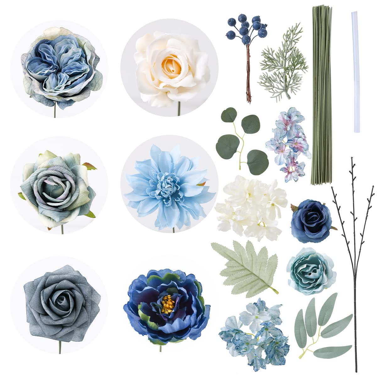 Dusty Blue Artificial Flowers Combo Set - DIY Wedding Bouquet, Bridal Shower Arrangements, Home Decor (White Blue Roses) | Perfect for Wedding Centerpieces, Table Decor & Party Decorations