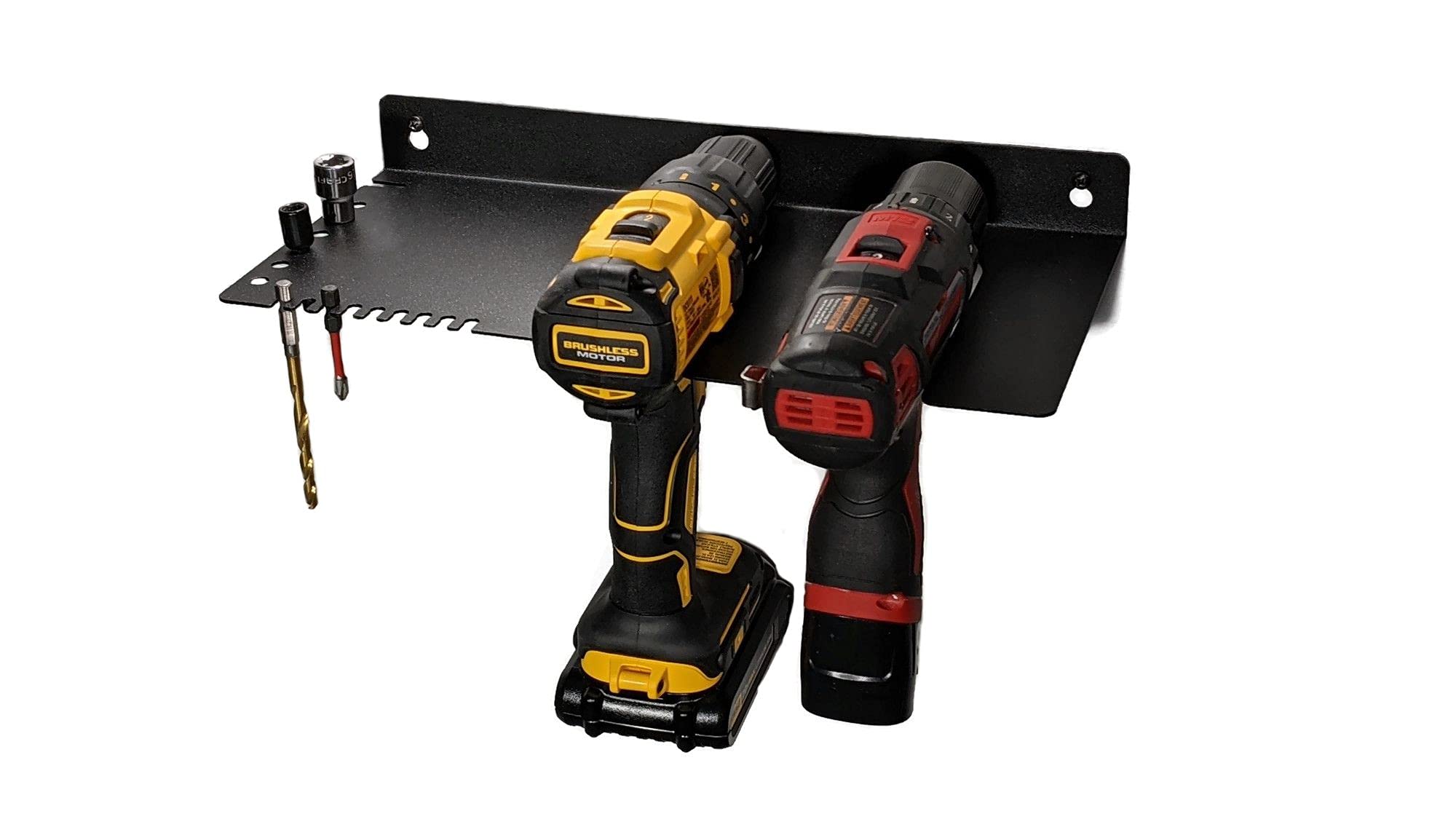 DIYE Mini Drill Organizer Rack - Wall Mount Charging Station & Drill Bit Storage Shelf | Holds 2 Cordless Drills, Charger & 15 Bits | Universal Fit for All Brands | Perfect for Garage, Workshop & DIY Projects