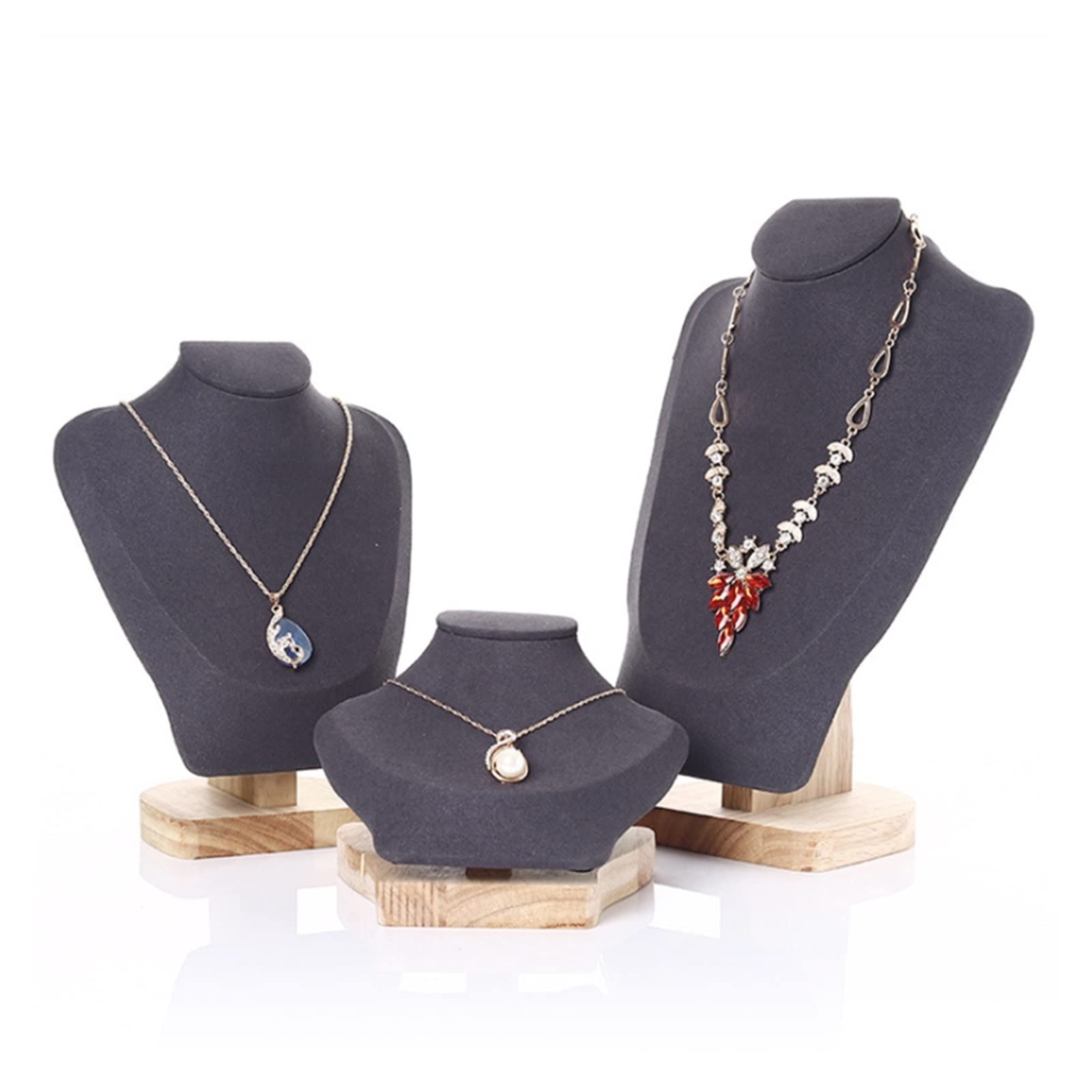 TOMYEUS Wooden Velvet Jewelry Display Stand - Necklace Holder & Organizer for Neck Chains, Pendants & Bust Jewelry - Black SML - Perfect for Boutique, Jewelry Store & Home Decor Display