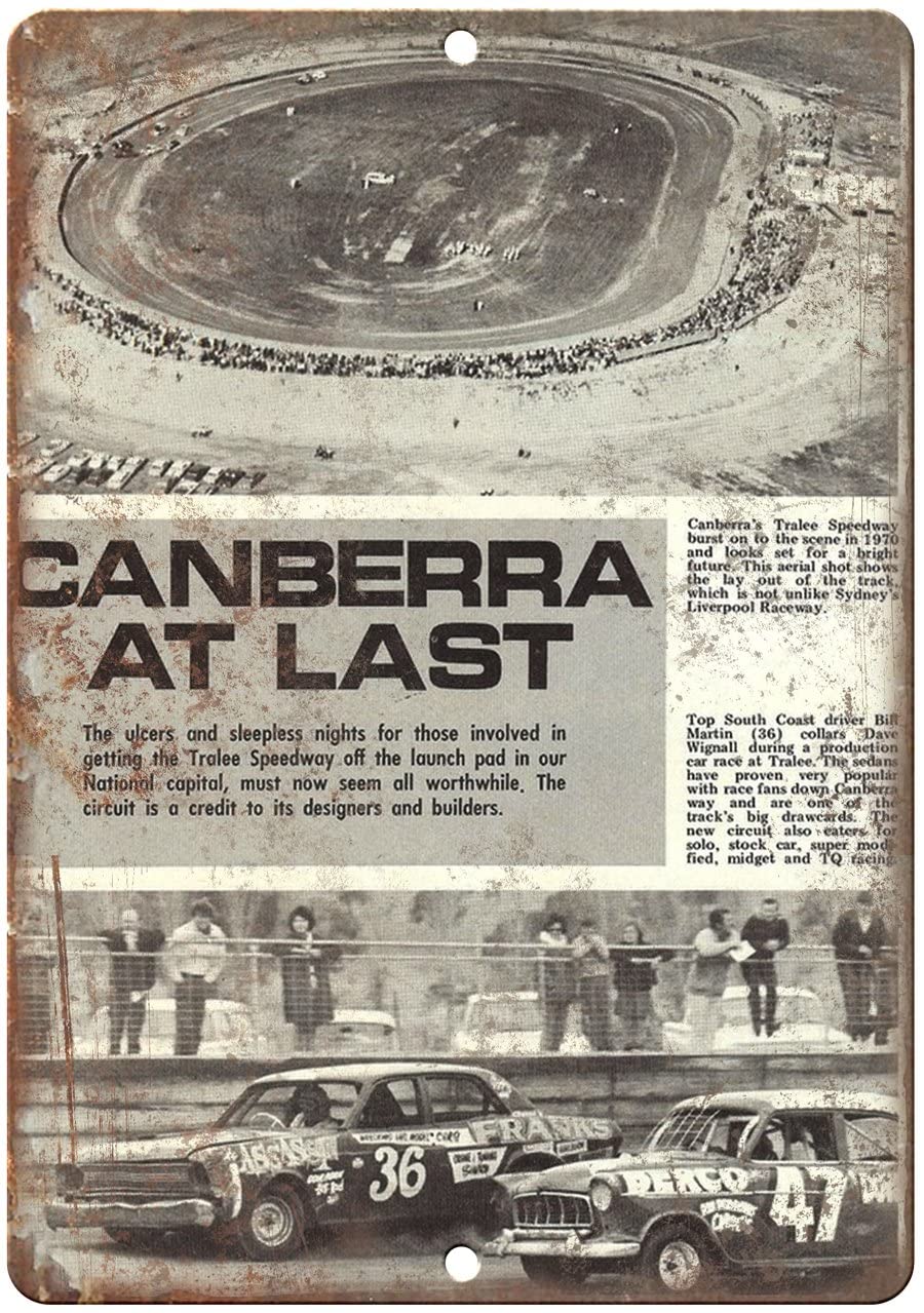 Vintage Auto Racing Tin Sign - Tralee Speedway Canberra Car Races Metal Wall Decor (8x12 or 12x16 Inch) - Perfect for Man Cave, Garage, Bar, Kitchen, Bedroom & Lounge Decor - Unique Gift for Racing Fans