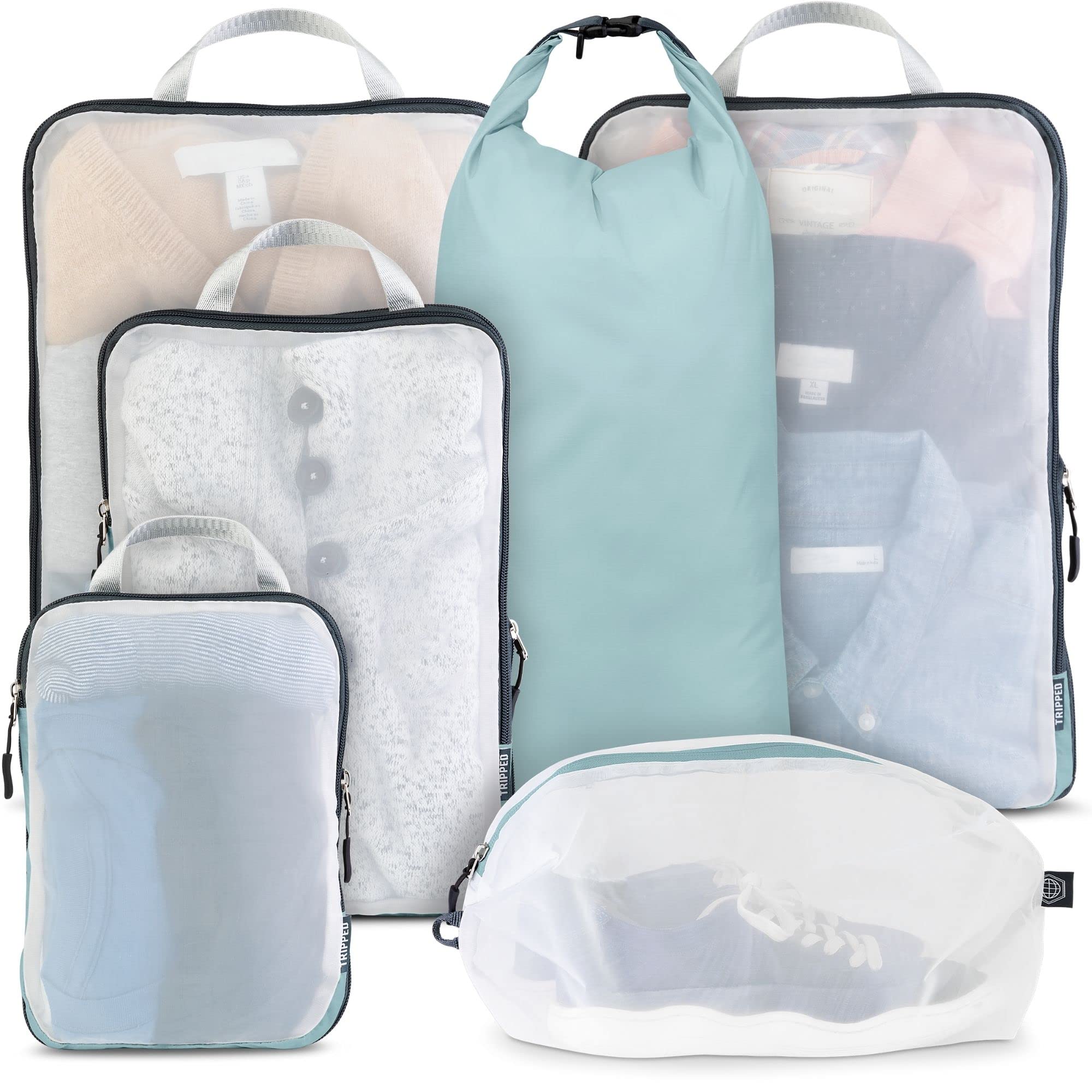 TRIPPED Travel Gear Large Packing Cube Set with Clear Mesh - 6-Piece Compression Travel Organizers for Suitcases | Perfect for Vacation, Business Trips & Backpacking