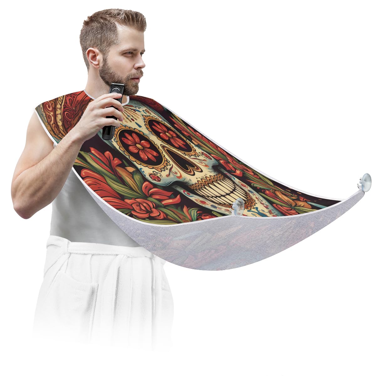 Cool Mexican Skull Beard Shaving Bib for Men - Waterproof Barber Apron for Hair Dye & Makeup, Beard Trimming & Haircut Cape - Sink Hair Catcher & Grooming Accessory - Perfect for Barbershops, Home Grooming & Halloween Costumes