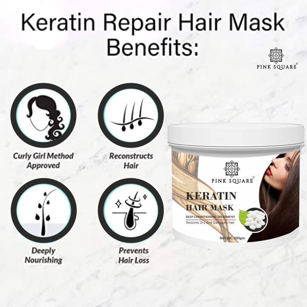 Pink Square Keratin Hair Mask for Intense Damaged Hair Repair - 200g Deep Conditioning Treatment for Dry & Damaged Hair - Salon Quality At-Home Hair Spa | Perfect for Post-Color Care & Weekly Hydration