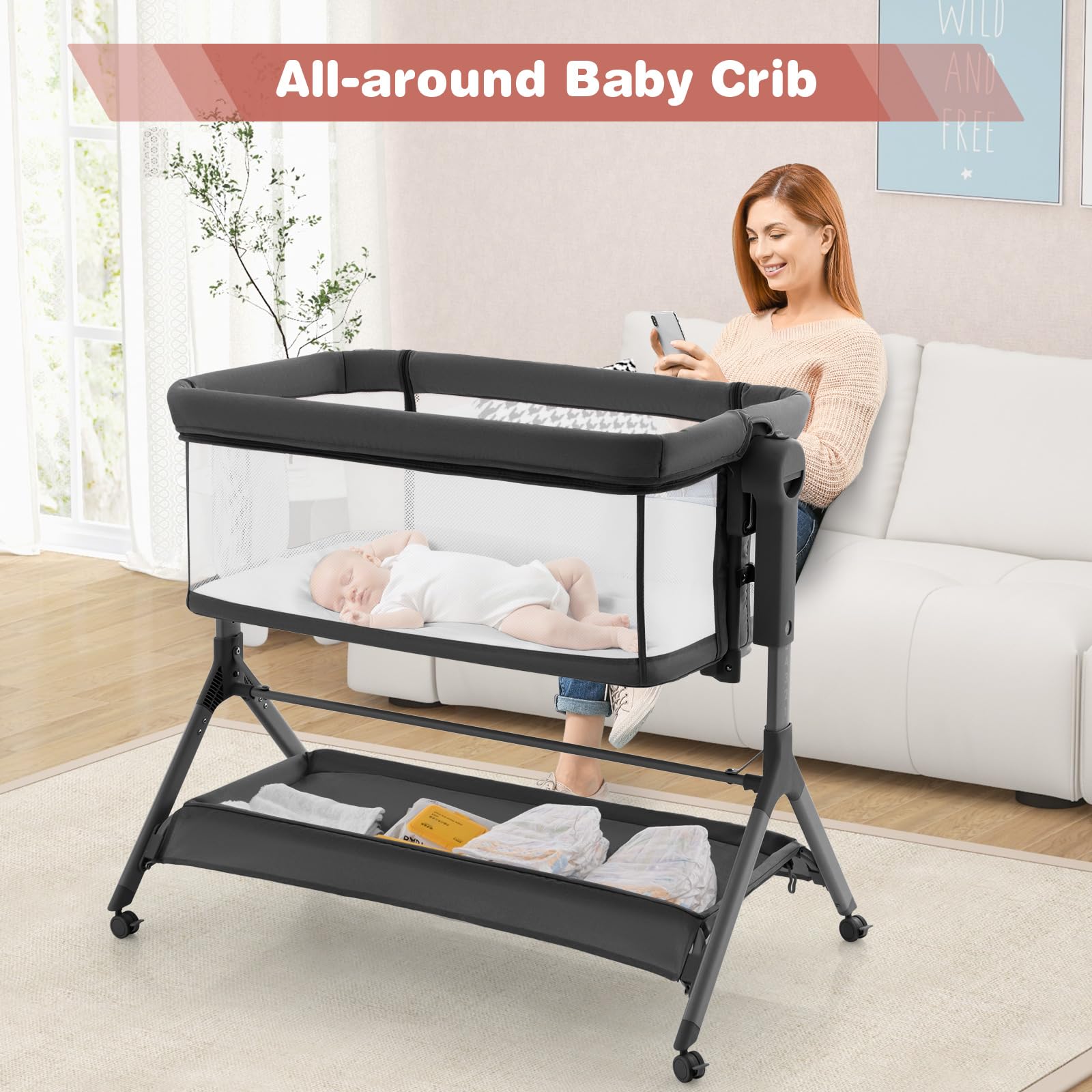 BABY JOY 3-in-1 Rocking Bassinet with Storage Basket - Adjustable Height Baby Bedside Sleeper with Universal Wheels, Mattress, Mesh Net & Portable Carry Bag - Perfect for Nursery, Bedroom & Travel (Gray)