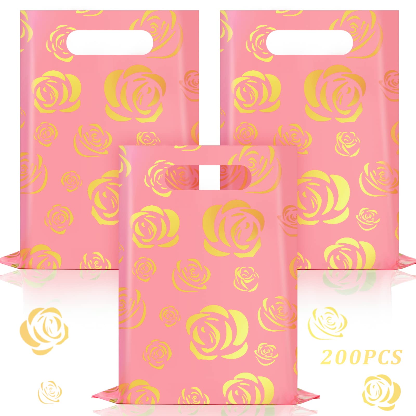 200 Pack 12x15 Inch Gold Rose Printed Reusable Shopping Bags - 2.36 Mil Thick Glossy Pink Retail Merchandise Bags with Die-Cut Handles for Boutique, Gift Shop, Wedding Favors & Party Decorations