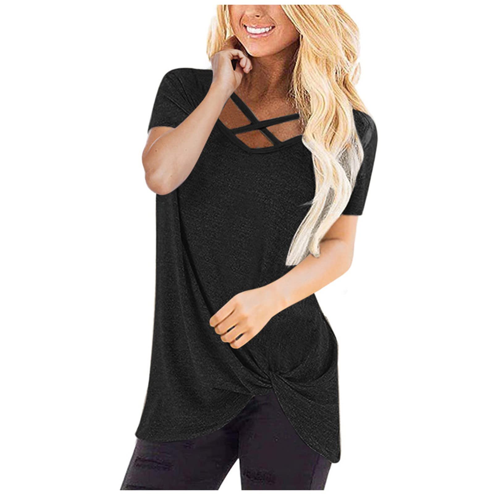 Women's Criss Cross V Neck Short Sleeve T-Shirt - Trendy Twist Knot Yoga Top for Summer Workouts & Casual Wear | Breathable Camisa for Gym, Running, and Everyday Fashion