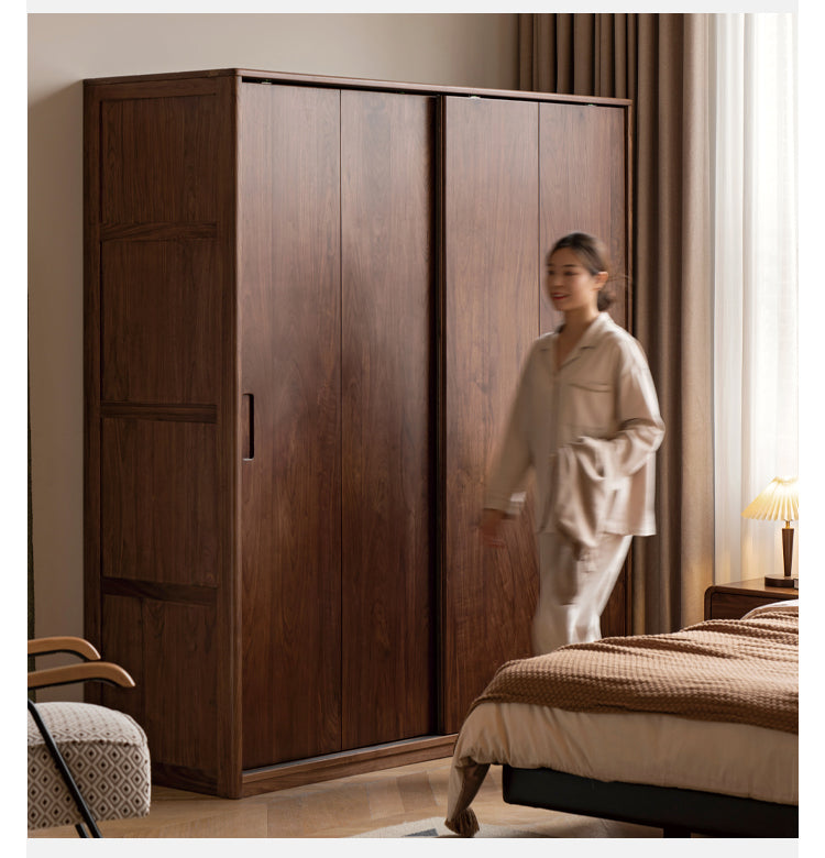 Premium Black Walnut Solid Wood Sliding Door Wardrobe Closet - Modern Bedroom Storage Solution for Home & Office Organization