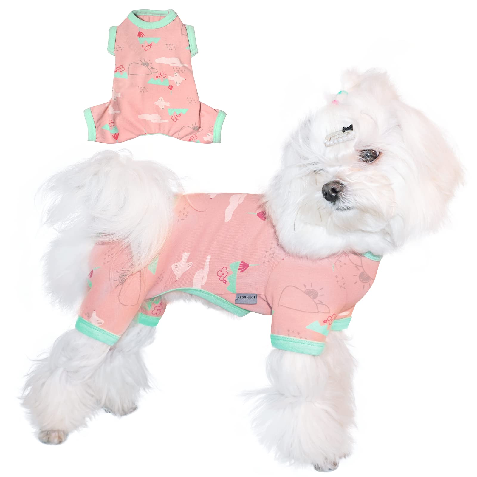TONY HOBY 4-Legged Dog Pajamas - Lightweight Cotton Dog Jumpsuit for Small & Medium Dogs (Pink Pigeon Print, Size L) - Cozy Sleepwear for Pets, Perfect for Winter Nights & Indoor Lounging