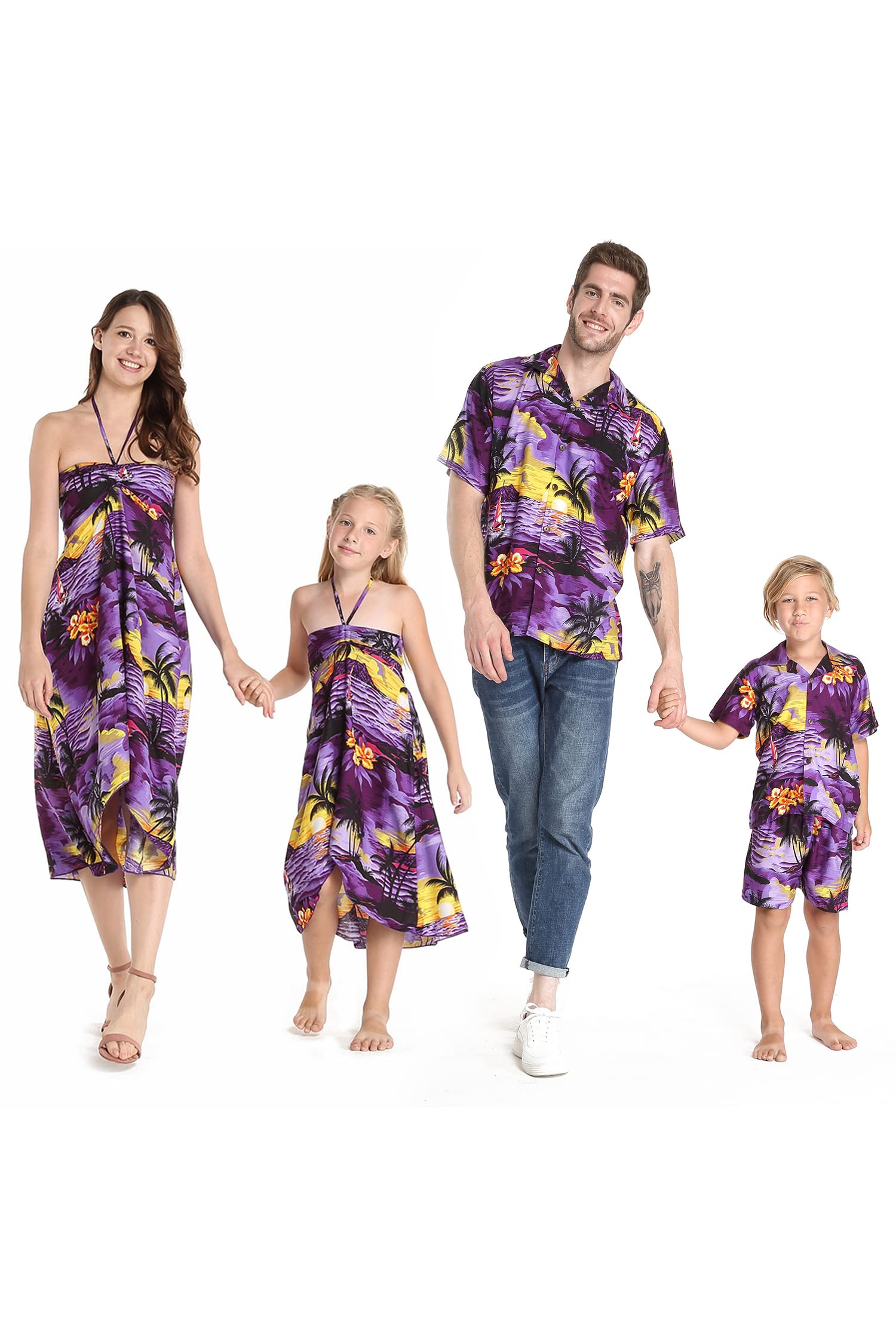 Hawaiian Luau Outfits for Family - Matching Aloha Shirts & Dresses in Sunset Purple | Beach Party, Vacation & Summer Family Photos