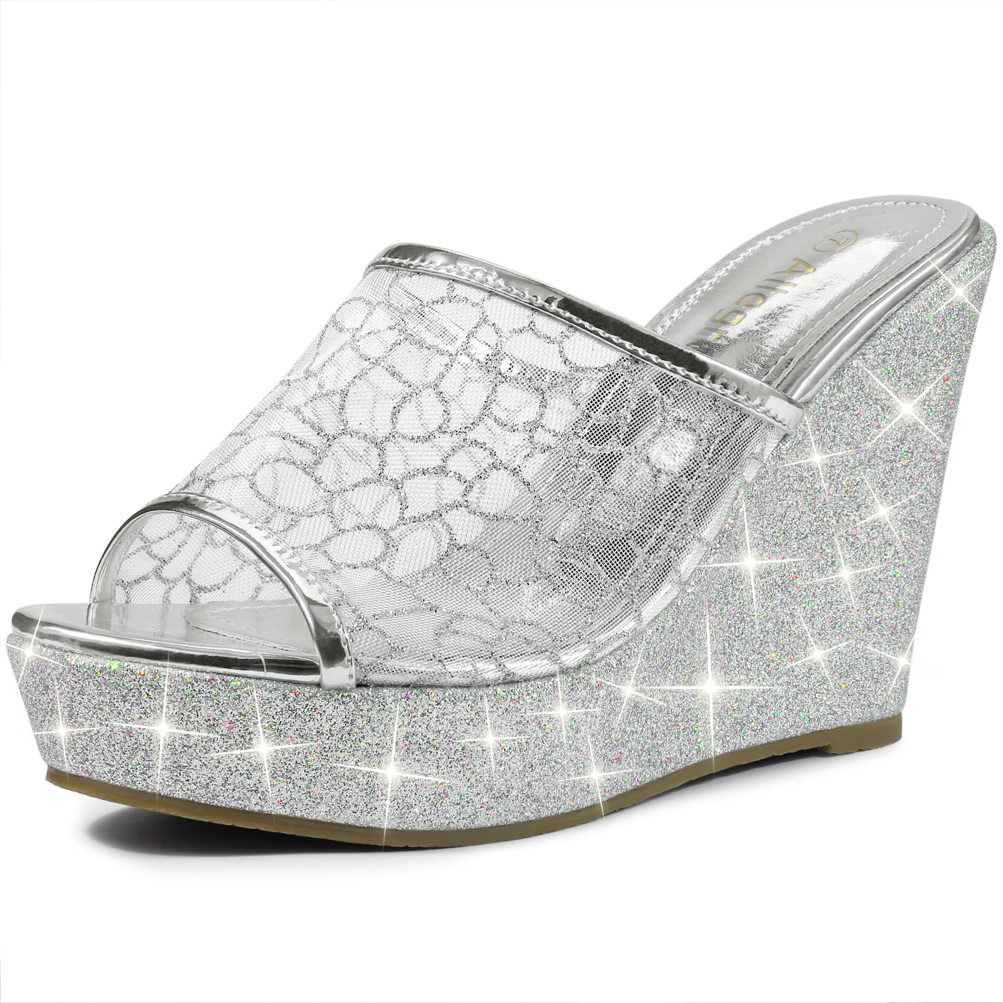 Allegra K Women's Glitter Platform Heels - Comfortable Slide Wedge Sandals for Party, Wedding & Evening Events | Fashionable Summer Dress Shoes