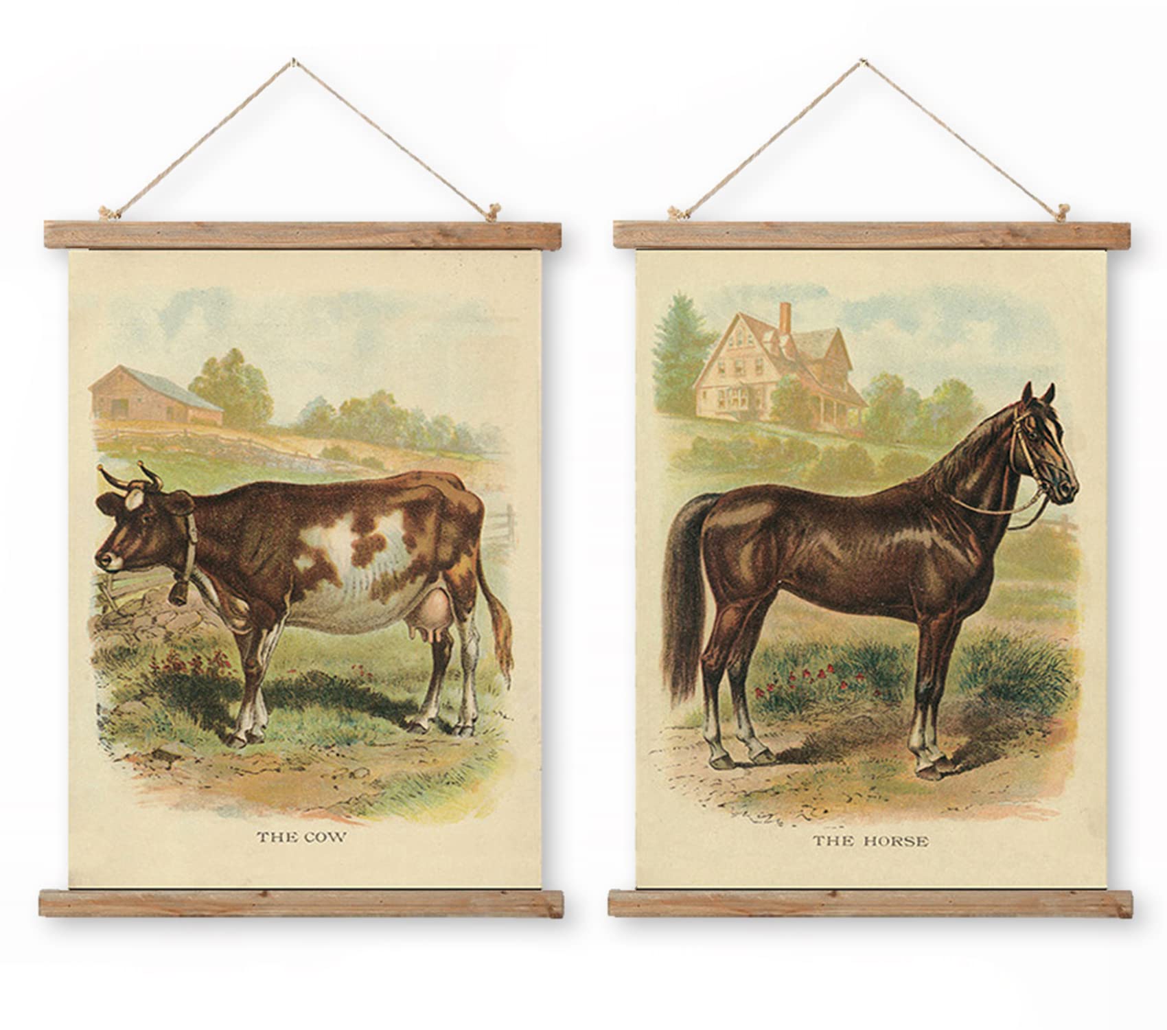 Vintage Farmhouse Wall Art - Horse & Cow Themed Hanging Poster with Wood Frame - Printed on Linen for Rustic Home Decor - Perfect for Living Room, Bedroom or Country Style Office