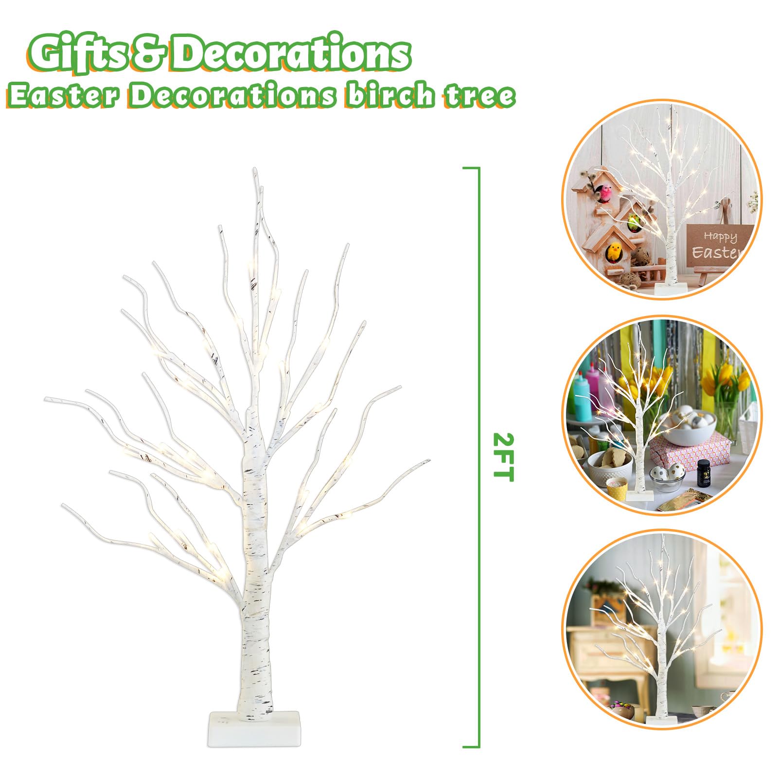 PEIDUO 2FT LED Birch Tree Lamp - Battery Powered Artificial Tree with Warm White Fairy Lights for Easter, Christmas, Home & Tabletop Decor - Indoor Centerpiece with Timer (Perfect for Holiday Parties, Wedding Decor & Cozy Night Ambiance)