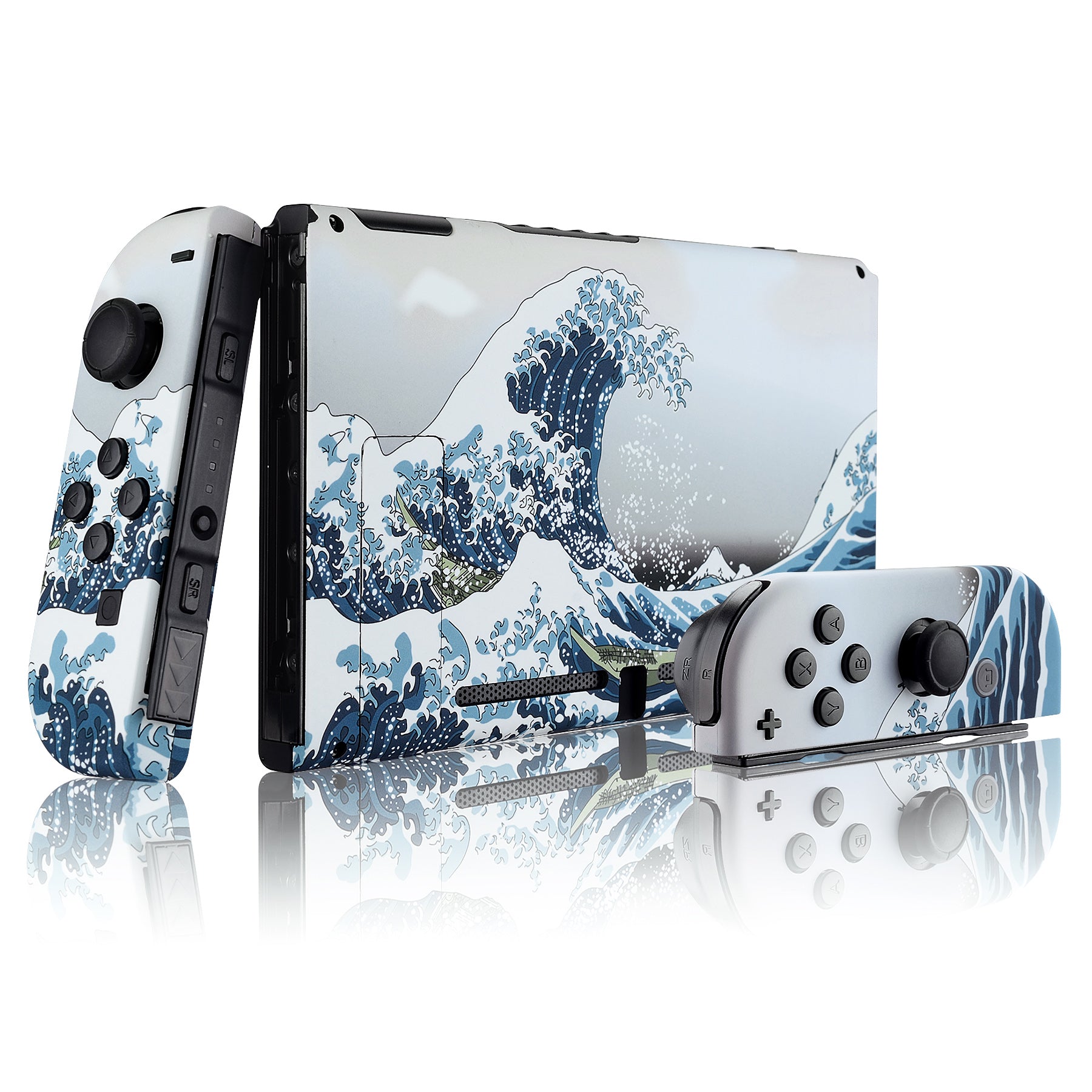 eXtremeRate Soft Touch Grip The Great Wave Back Plate for Nintendo Switch - DIY Replacement Shell with Full Button Set - Upgrade Your Joycon Controller Housing - Perfect for Gaming, Travel & Home Entertainment