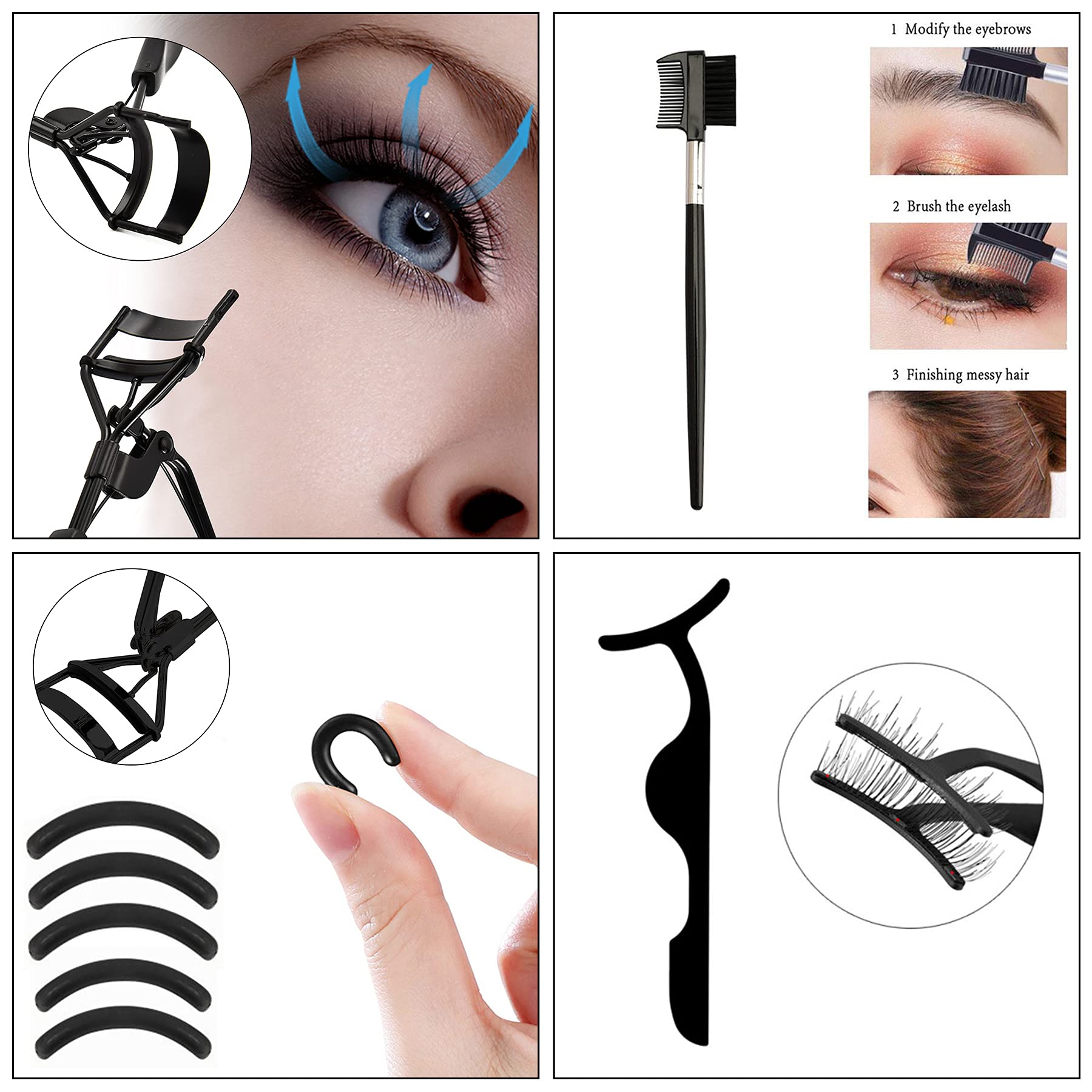 LYYDAN Professional Eyelash Curler Set - Black Lash Curler with 5 Replacement Pads, False Eyelash Tweezers & Dual-Ended Eyebrow Brush | Perfect for Home Makeup, Salon Use & Travel Beauty Essentials