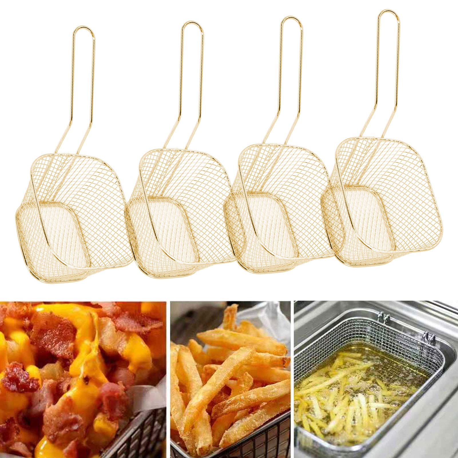 4-Piece Stainless Steel Frying Basket Set - Multi-Functional Deep Fryer Basket for French Fries, Onion Rings, Chicken Wings (Gold) - Perfect for Home Kitchens, Restaurants & Outdoor Cooking