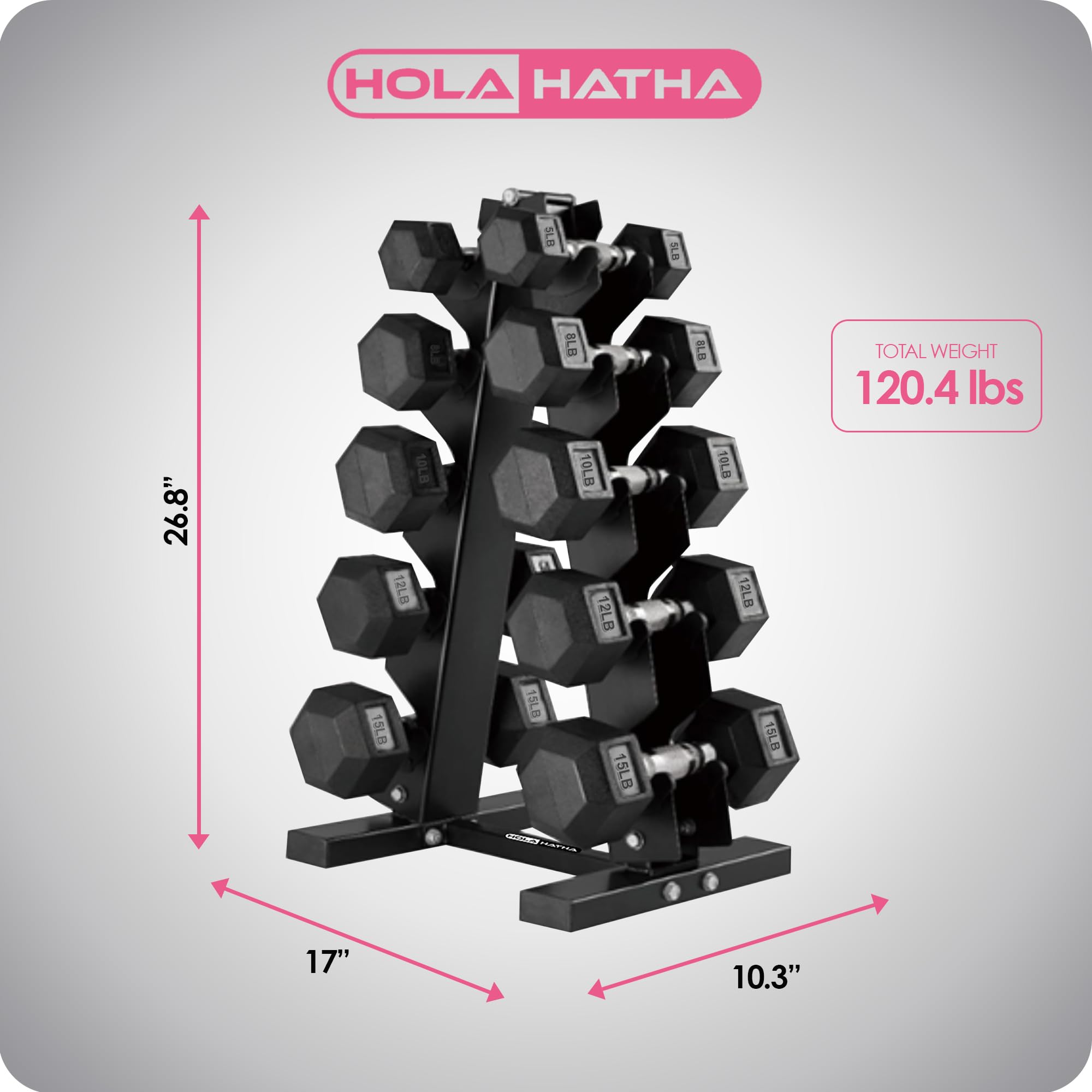 HolaHatha Hexagonal Dumbbell Set with Storage Rack - Free Weight Hand Weights for Home Gym, Strength Training & Fitness Workouts