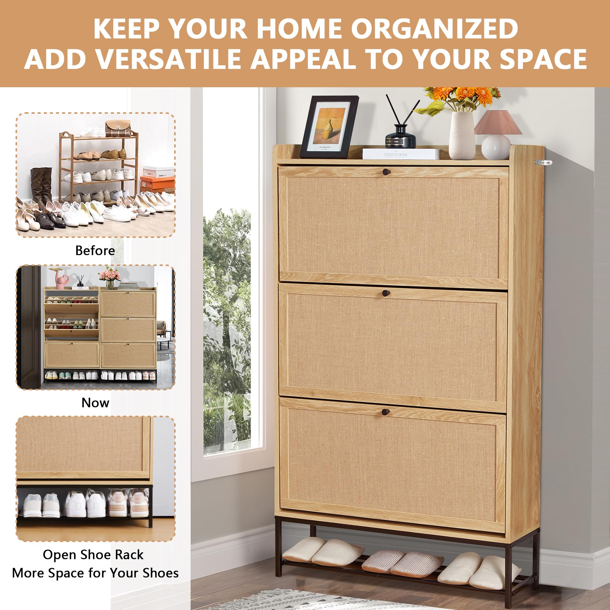 LEVNARY 3-Tier Flip Drawer Shoe Storage Cabinet - Freestanding Wooden Shoe Organizer with Metal Legs for Entryway & Hallway | Space-Saving Narrow Shoe Rack for Small Spaces (Natural Oak) | Perfect for Apartment Living, Closet Organization & Entryway Storage