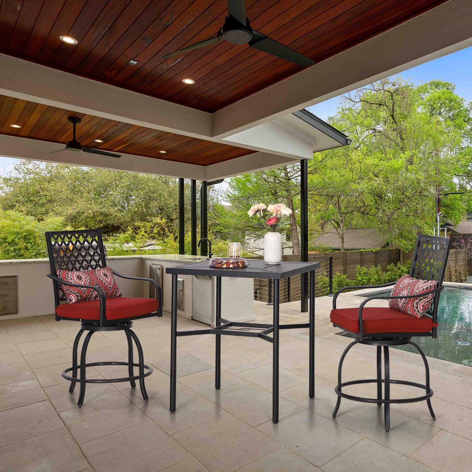 PHI VILLA 38 Inch Outdoor Bar Table - Square Metal Patio Bistro Dining Table with Umbrella Hole - Perfect for Lawn, Garden, Backyard, Poolside & Outdoor Entertaining