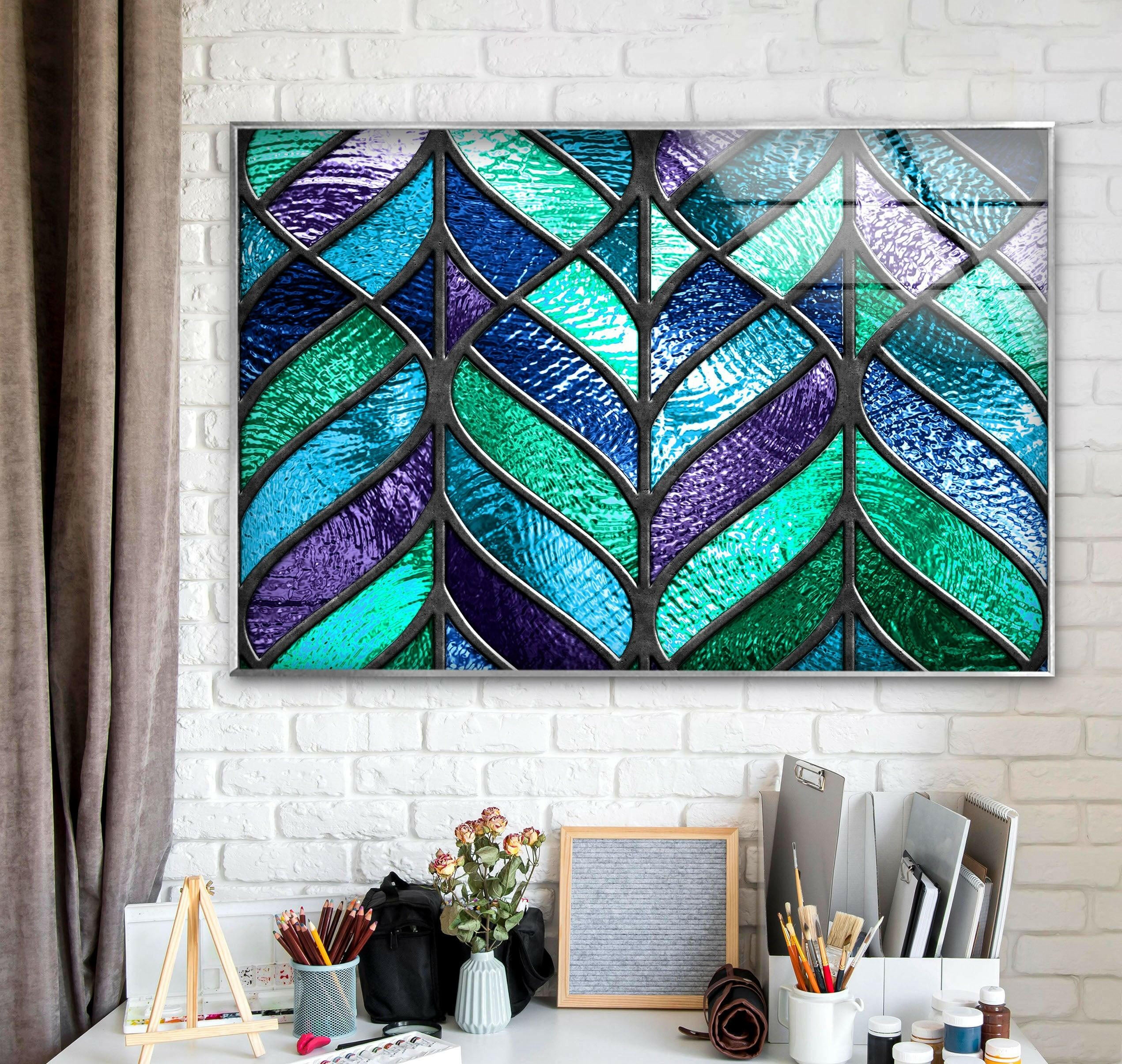 Blue and Green Abstract Glass Wall Art - Modern Handmade Glass Painting for Home & Office Decor - Perfect for Living Room, Bedroom, or Office Wall Decor