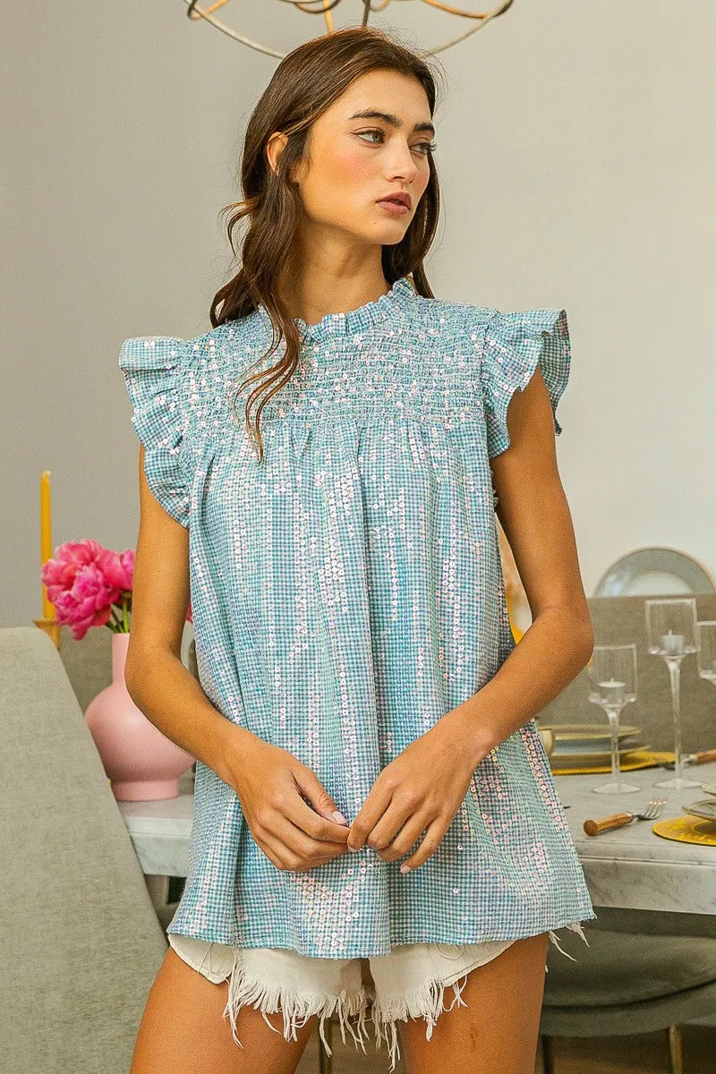 BiBi Clear Sequin All Over Gingham Smocked Top - Trendy Women's Blouse for Party, Holiday & Special Occasions