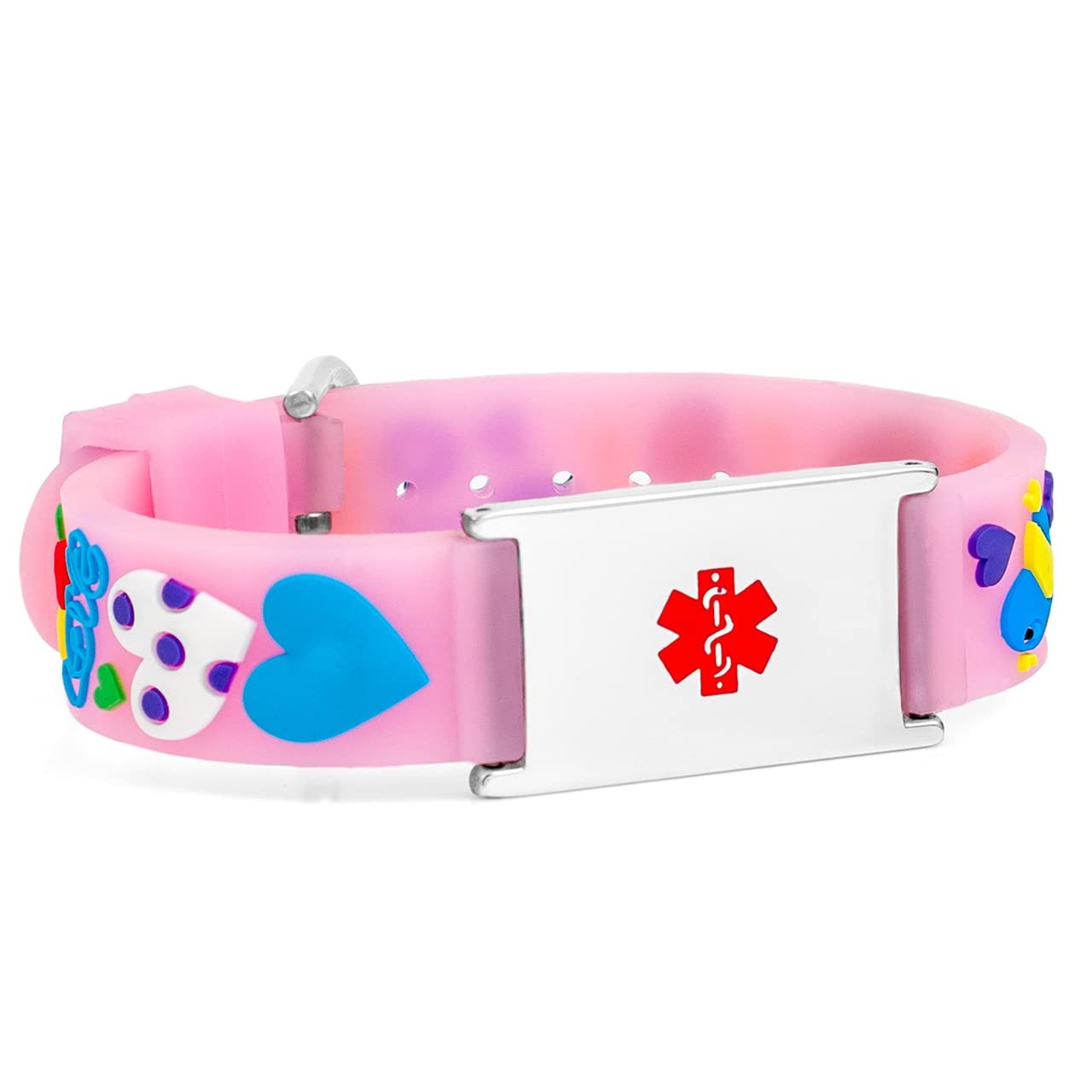 Adjustable Medical Alert Bracelet - Silicone Fun Design with Light Pink Hearts - Perfect for Kids, Adults & Allergy/Safety ID Tags