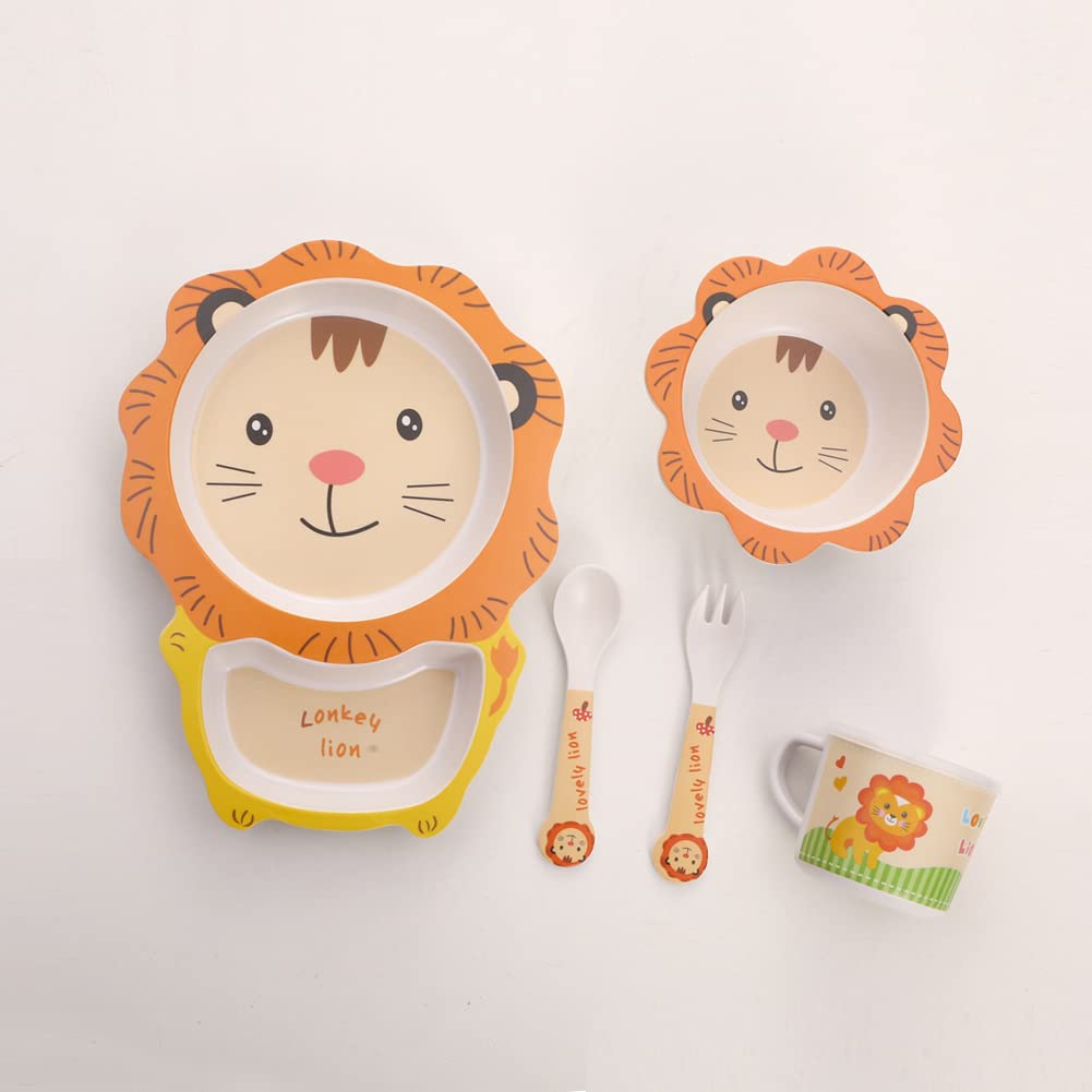 Eco-Friendly Bamboo Kids Dinnerware Set - 5 Piece Plate, Bowl, Cup, Fork & Spoon (Lion Design) | Durable & Safe for Toddlers Mealtime, Picnics & Travel
