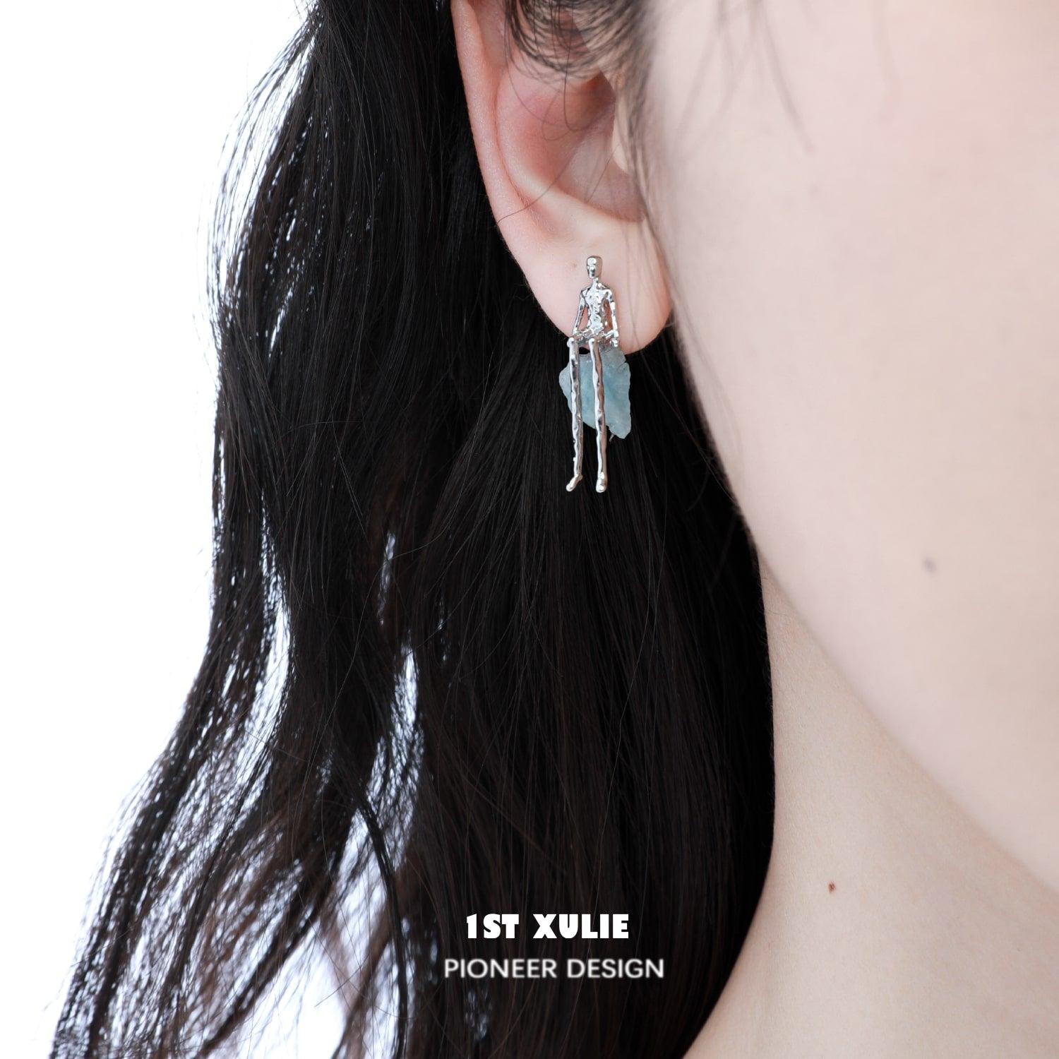 S925 Sterling Silver Aquamarine Stud Earrings for Women - Trendy Melting Face Design, Perfect for Daily Wear, Parties & Gifts
